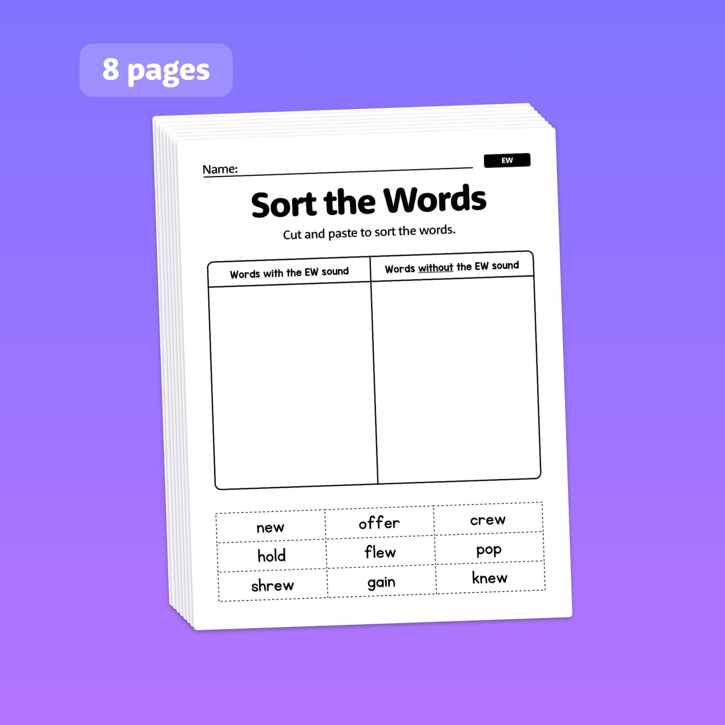 Stack of worksheets titled "Diphthongs Worksheets" with word sorting activity.