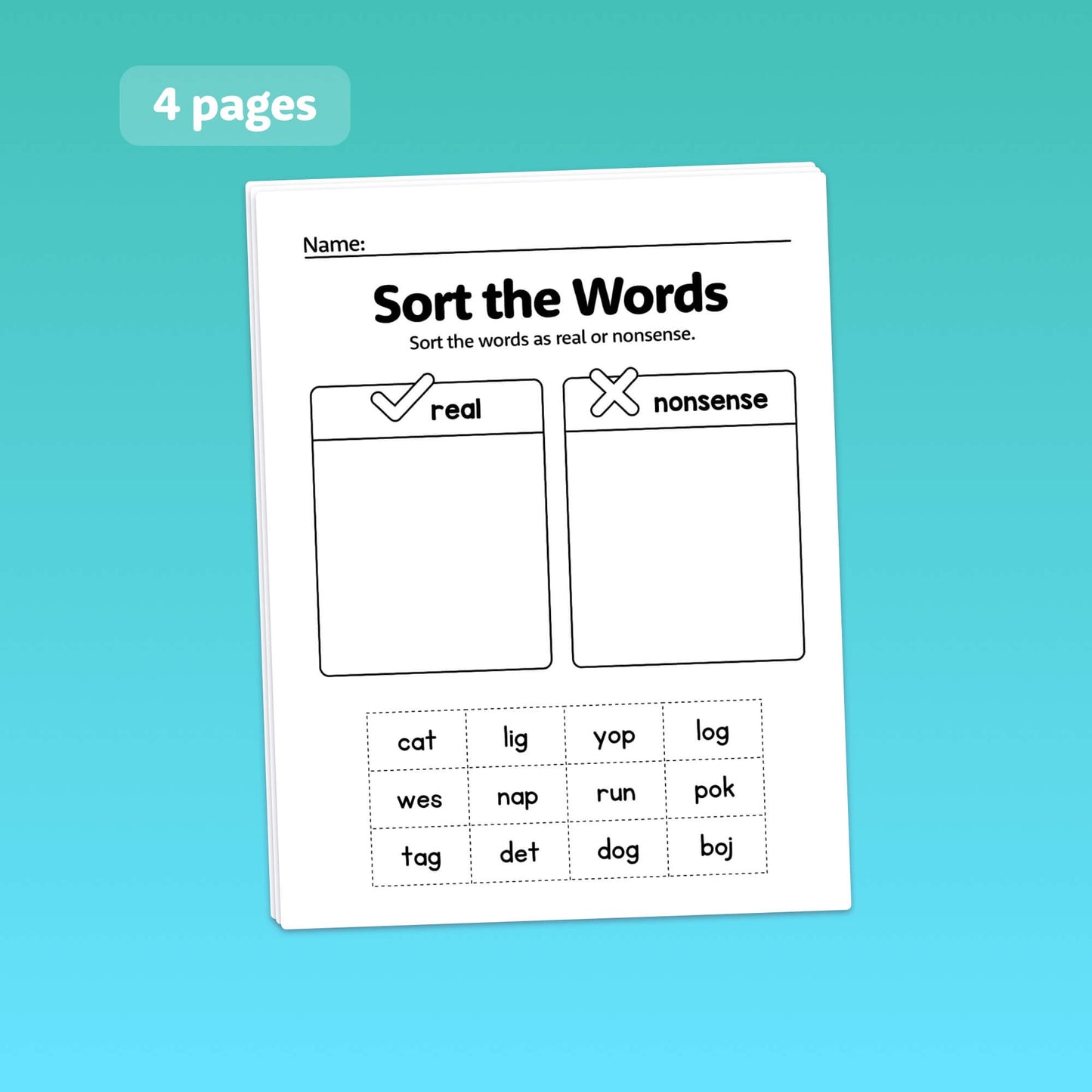 Worksheet titled 'CVC Words: Real or Nonsense' for sorting real and nonsense words.