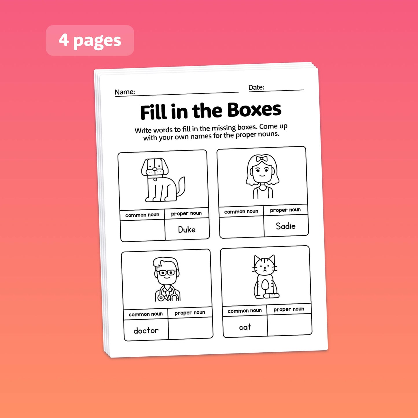 Cover of a children's workbook featuring 4 pages on common and proper nouns.
