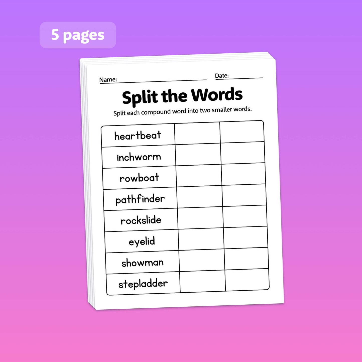 Worksheet titled "Compound Words Worksheets: Split the Words" with a compound words list.