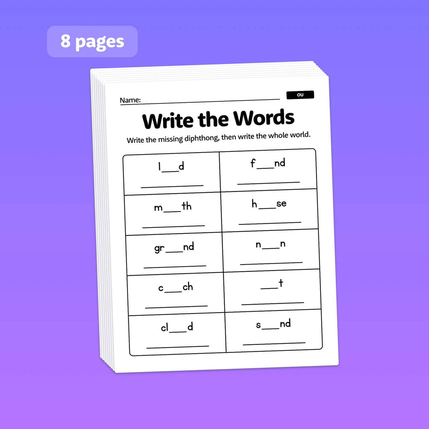 A worksheet titled "Write the Words" with missing diphthongs and blank spaces.