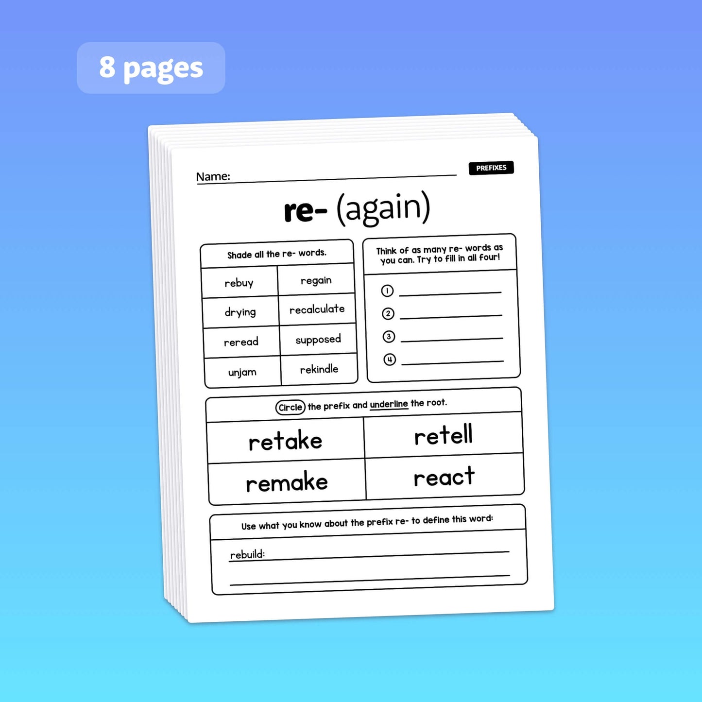 Worksheet on the prefix "re-" with various exercises.