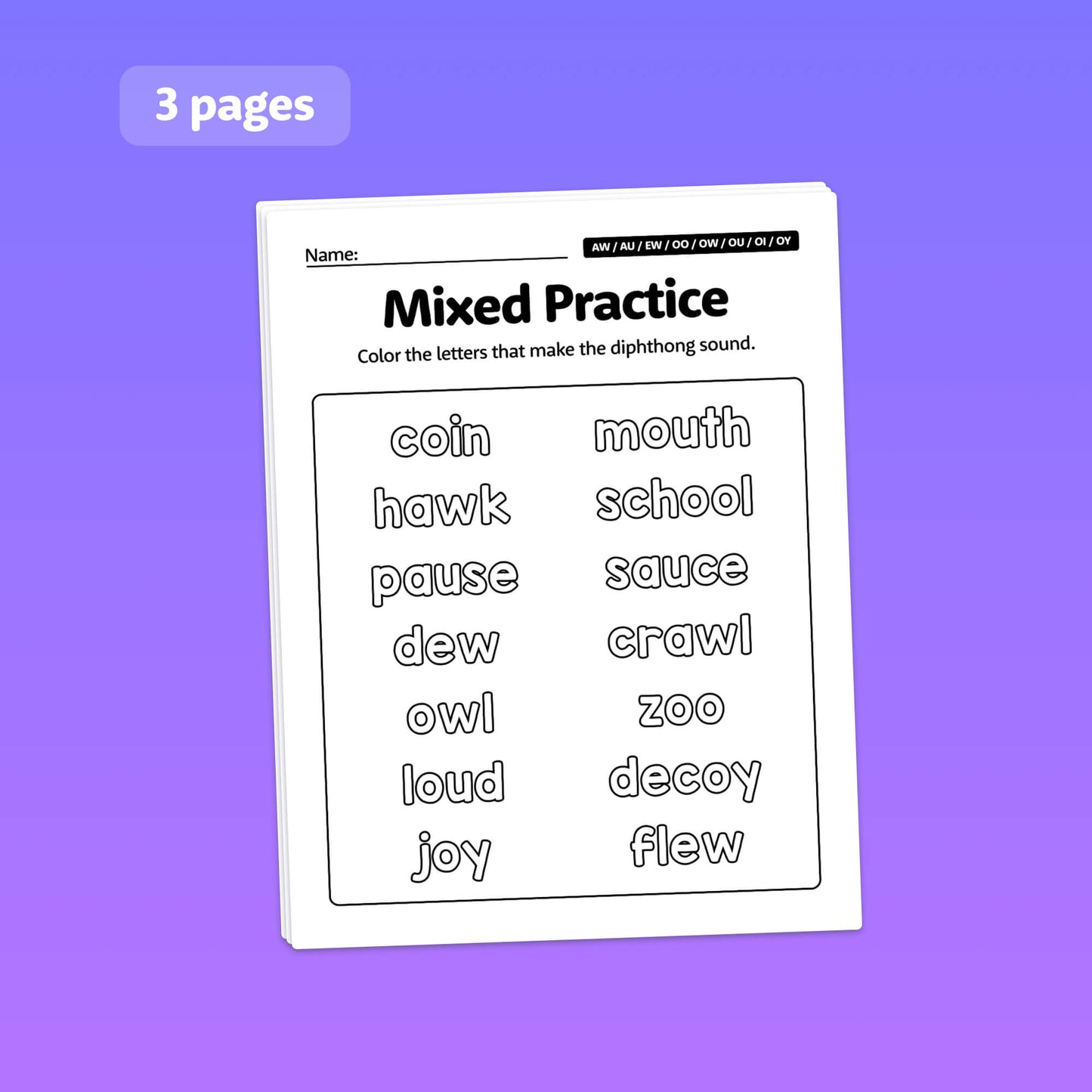 Worksheet on diphthongs with words to color, titled "Diphthongs Worksheets: Mixed Practice".