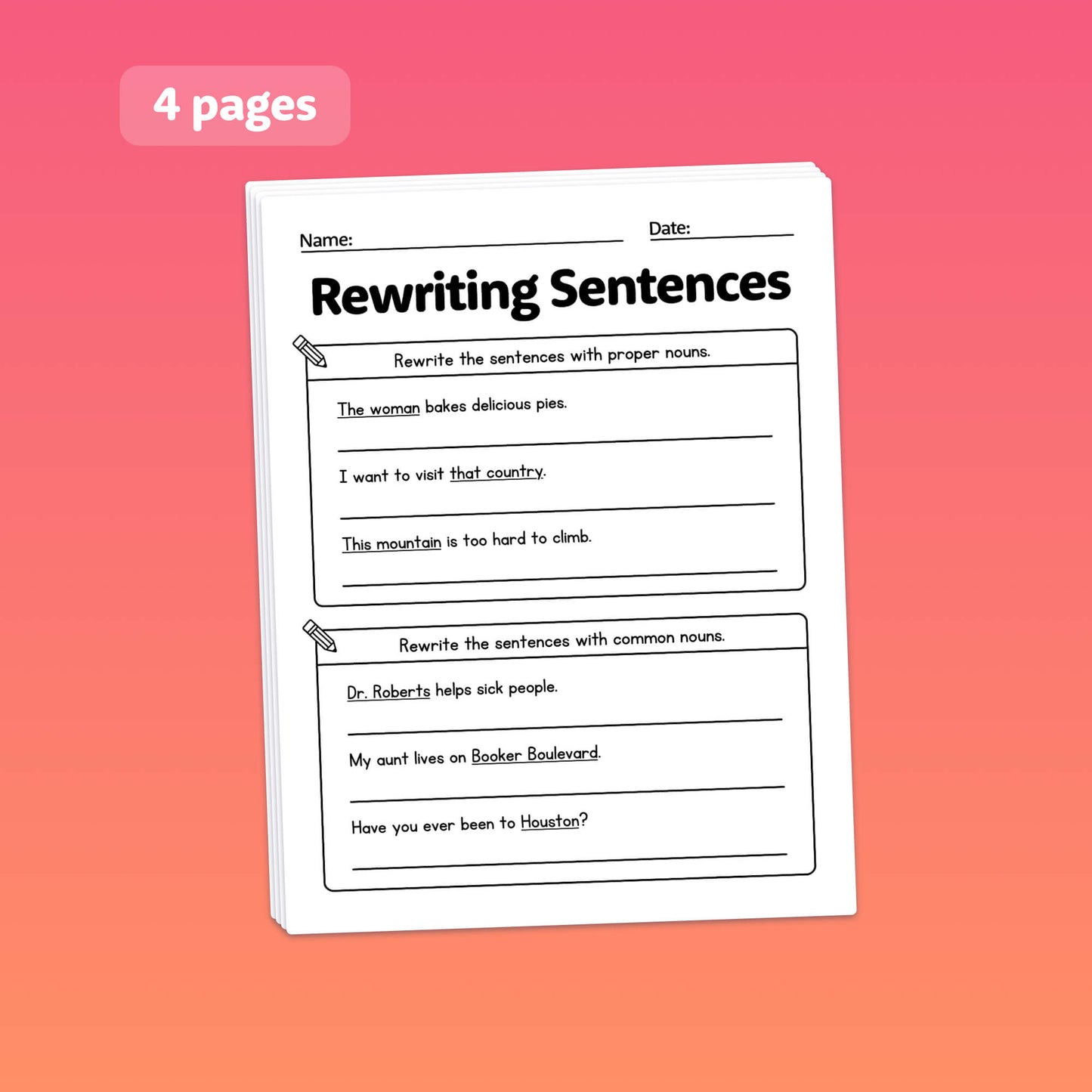 Worksheet titled "Common & Proper Nouns Worksheets" with exercises on proper and common nouns.