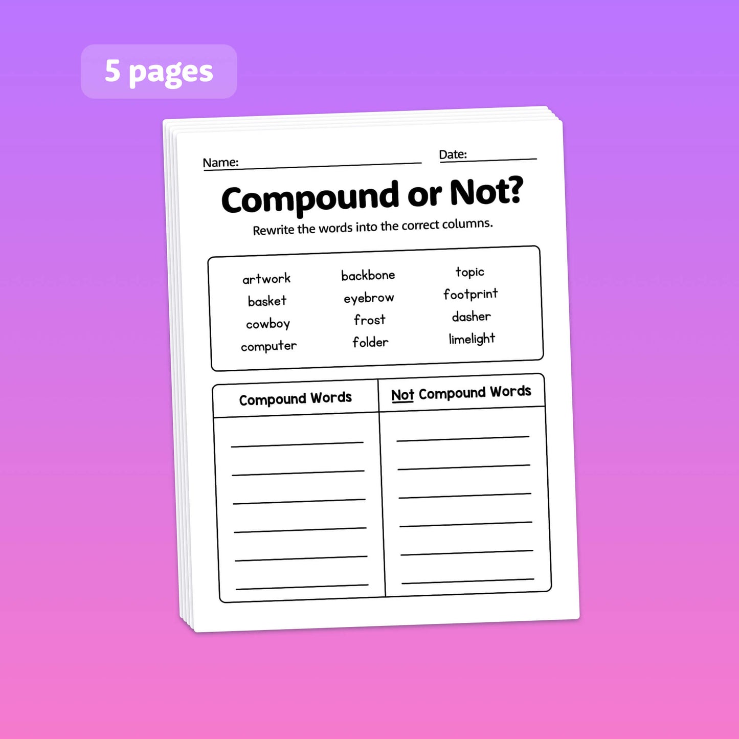 A worksheet with lists and columns for sorting compound words.