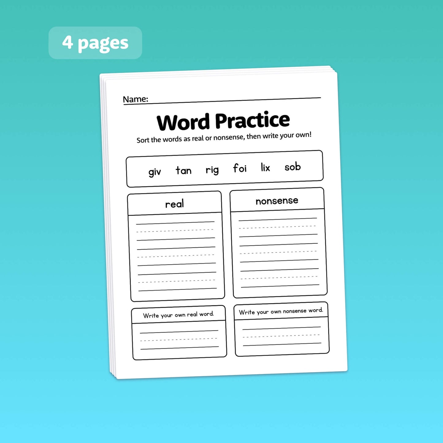 Worksheets with sections for real and nonsense CVC words.