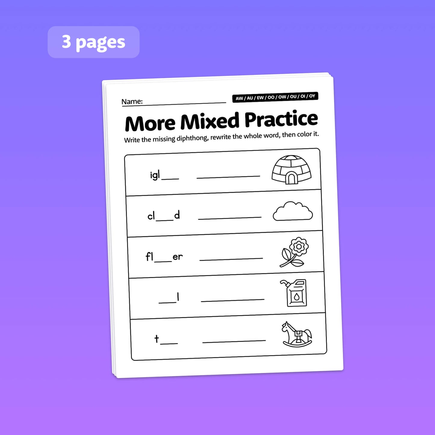 Worksheet titled "Diphthongs Worksheets" with word exercises and illustrations.