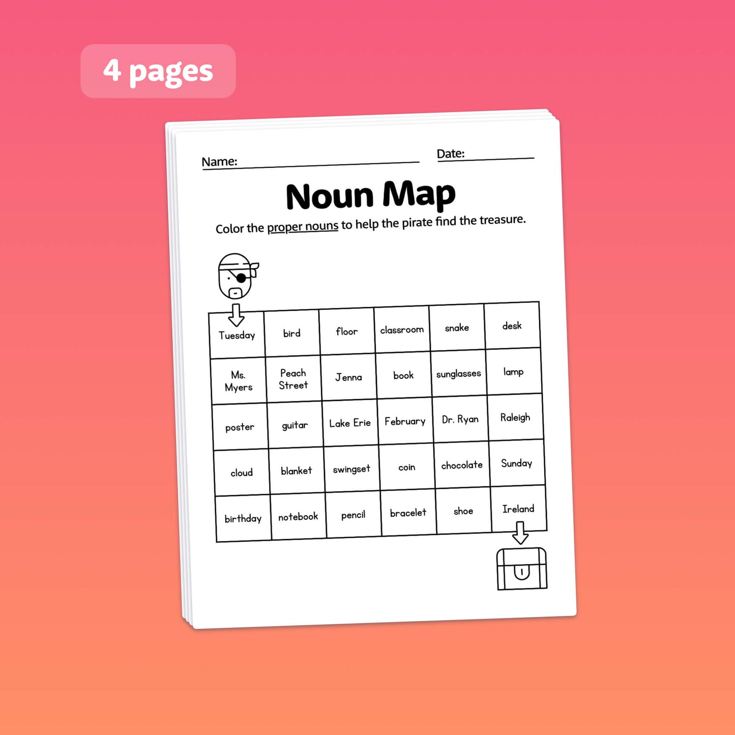Worksheet titled "Common & Proper Nouns" with coloring activity to identify proper nouns.