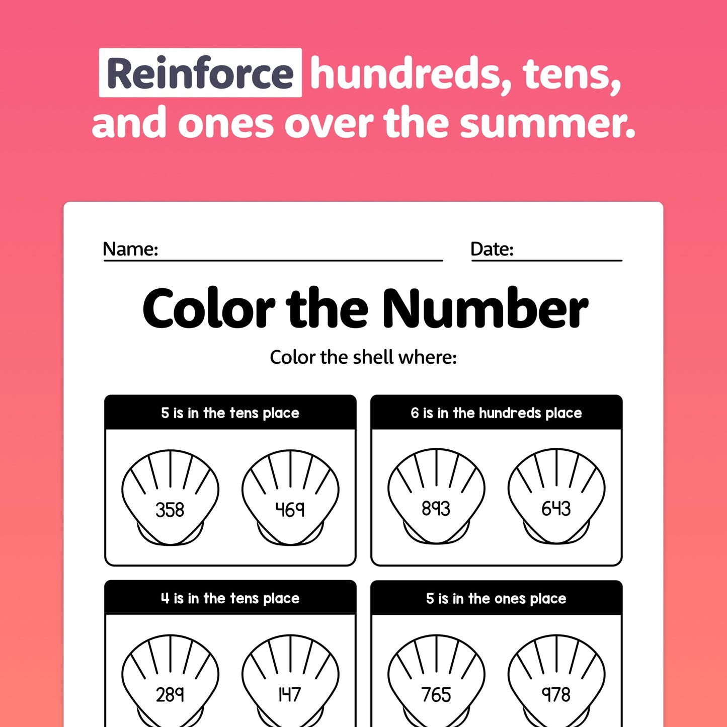 Worksheets with shells to teach hundreds, tens, and ones concepts.