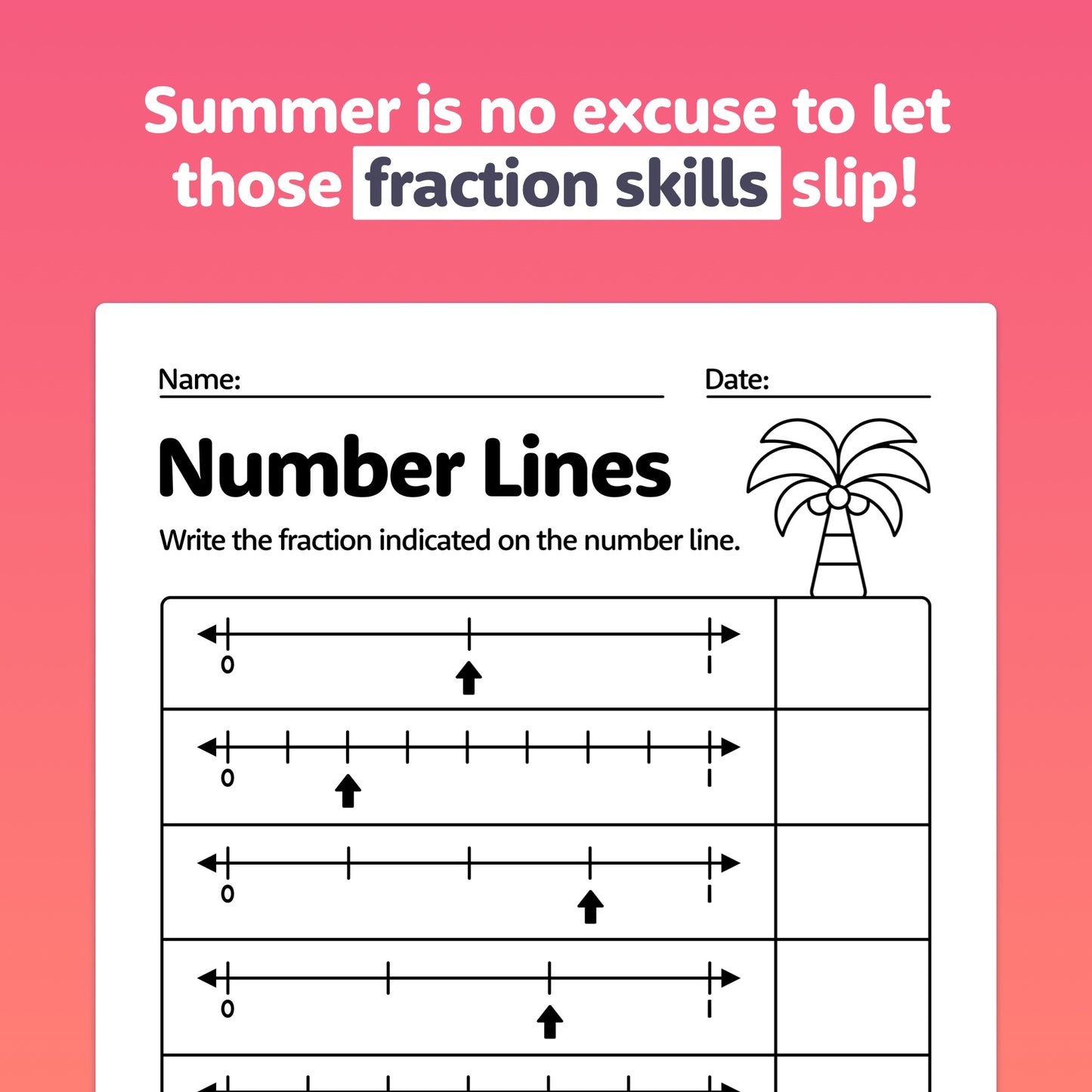 Fraction worksheets with number lines and a palm tree graphic at the top.