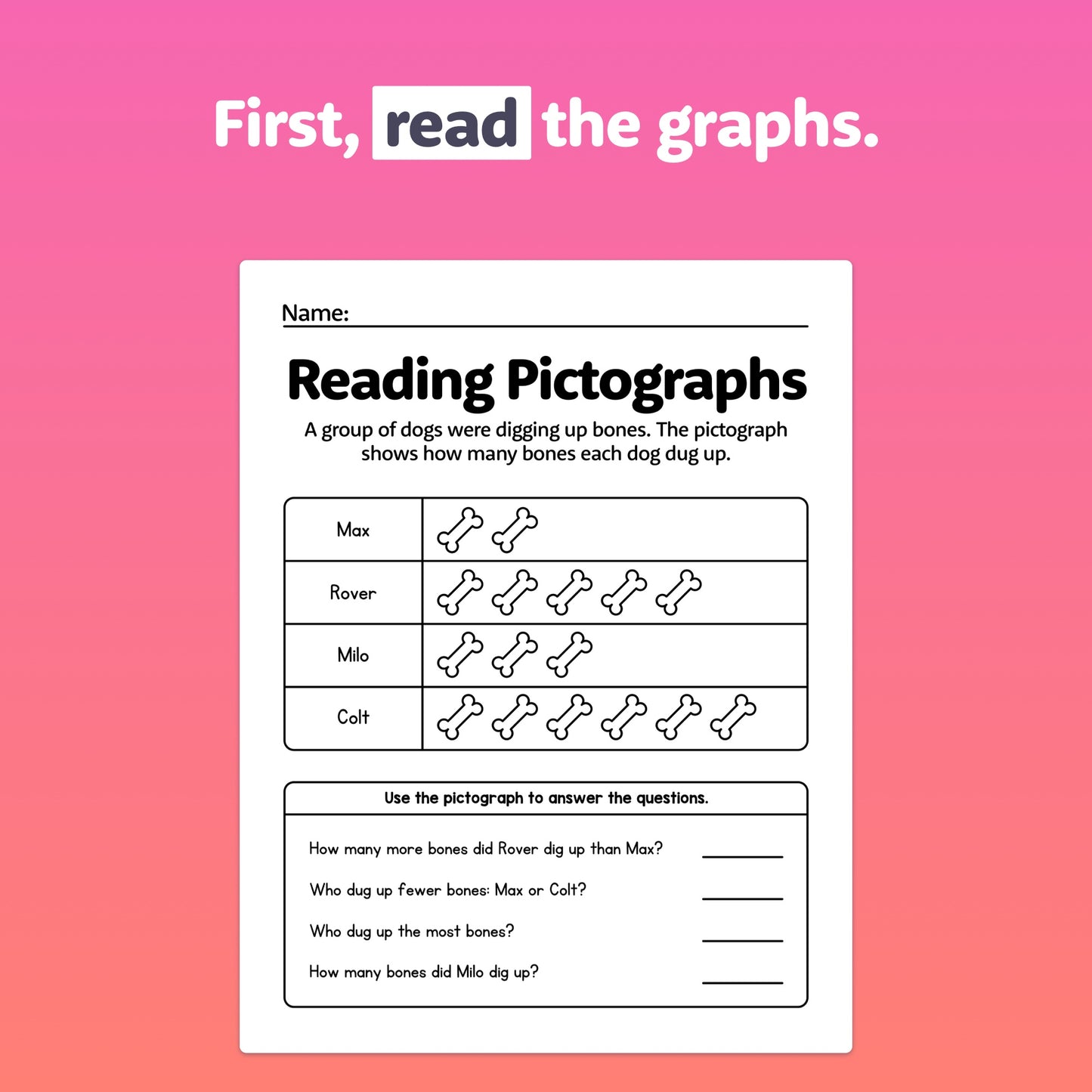 Reading Pictograph Worksheets for analyzing a dog bone digging graph.