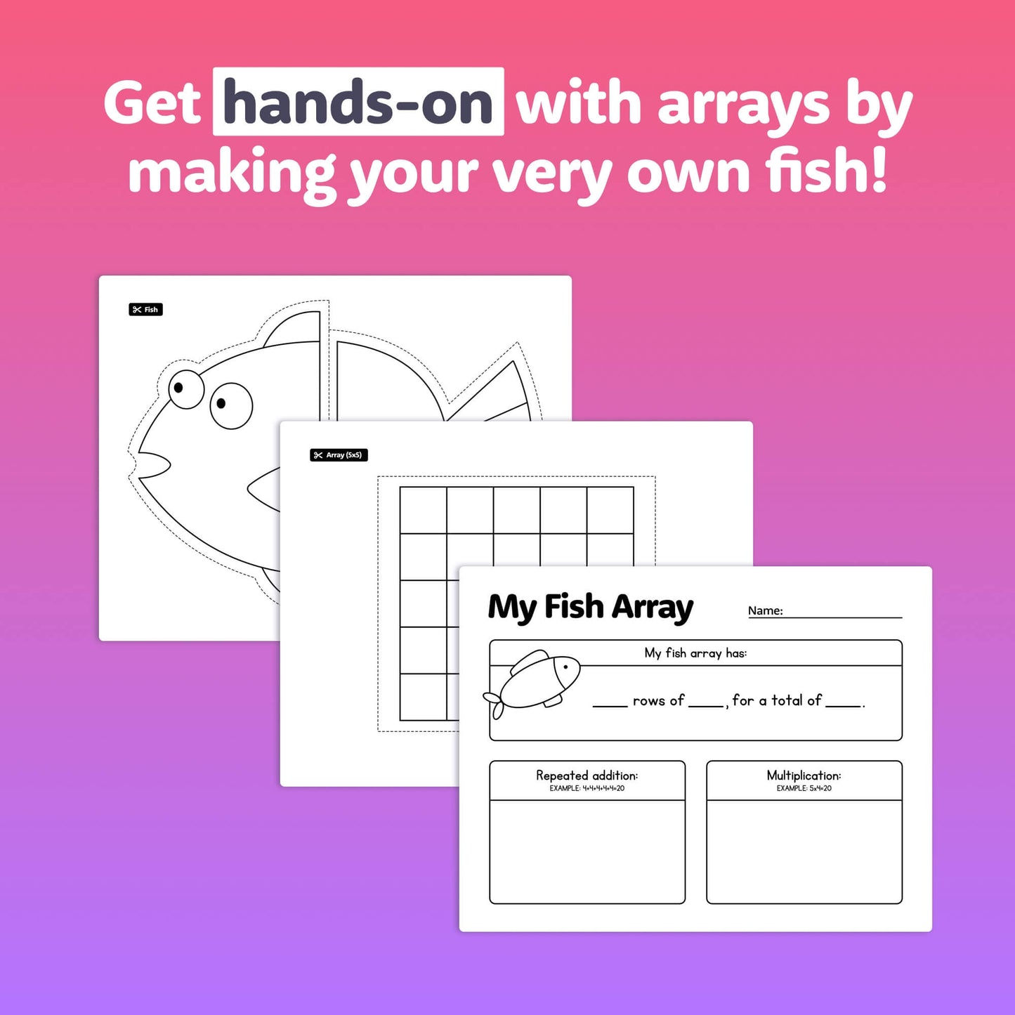 Create engaging printable PDF worksheets with the Fish Arrays Craft, featuring a delightful pink and purple gradient background. Perfect for fun math activities that involve repeated addition!