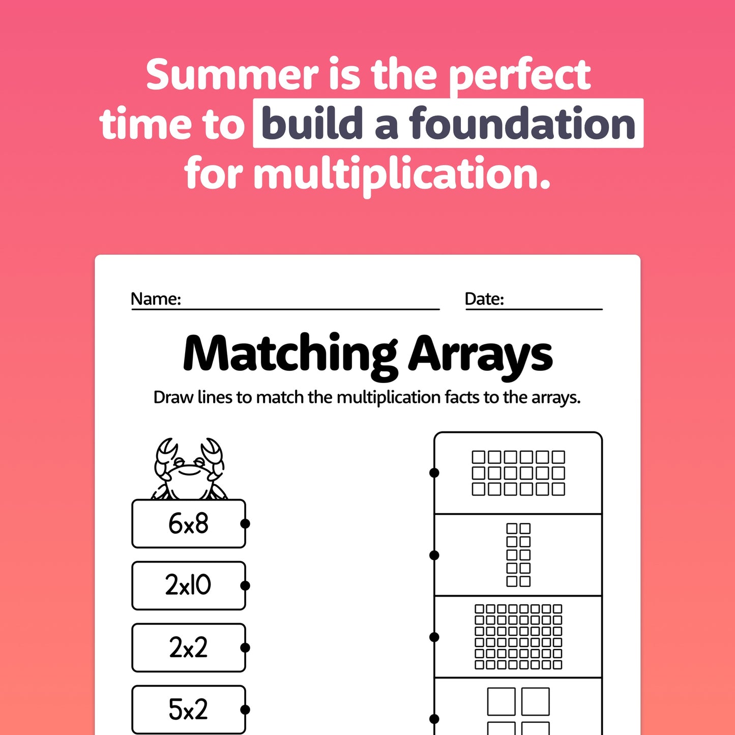 Multiplication worksheet titled "Summer Arrays Worksheets" with summer images.