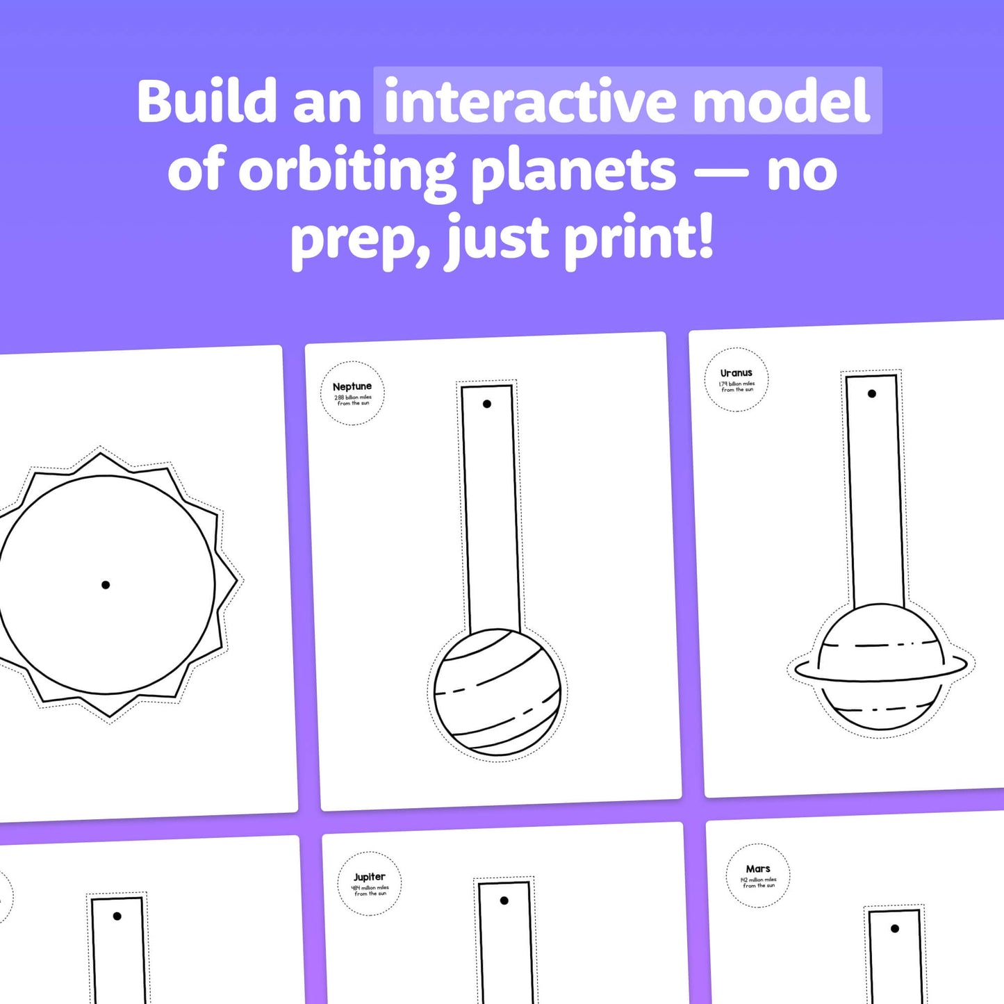 Printables for constructing an interactive model of orbiting planets.