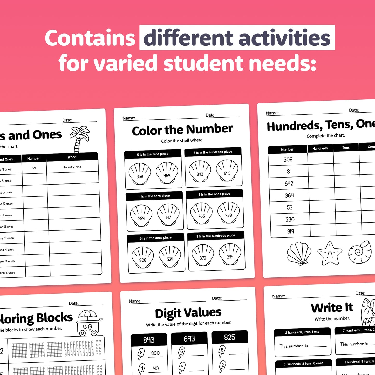 Place value worksheets with activities in place value, coloring, and digit values.