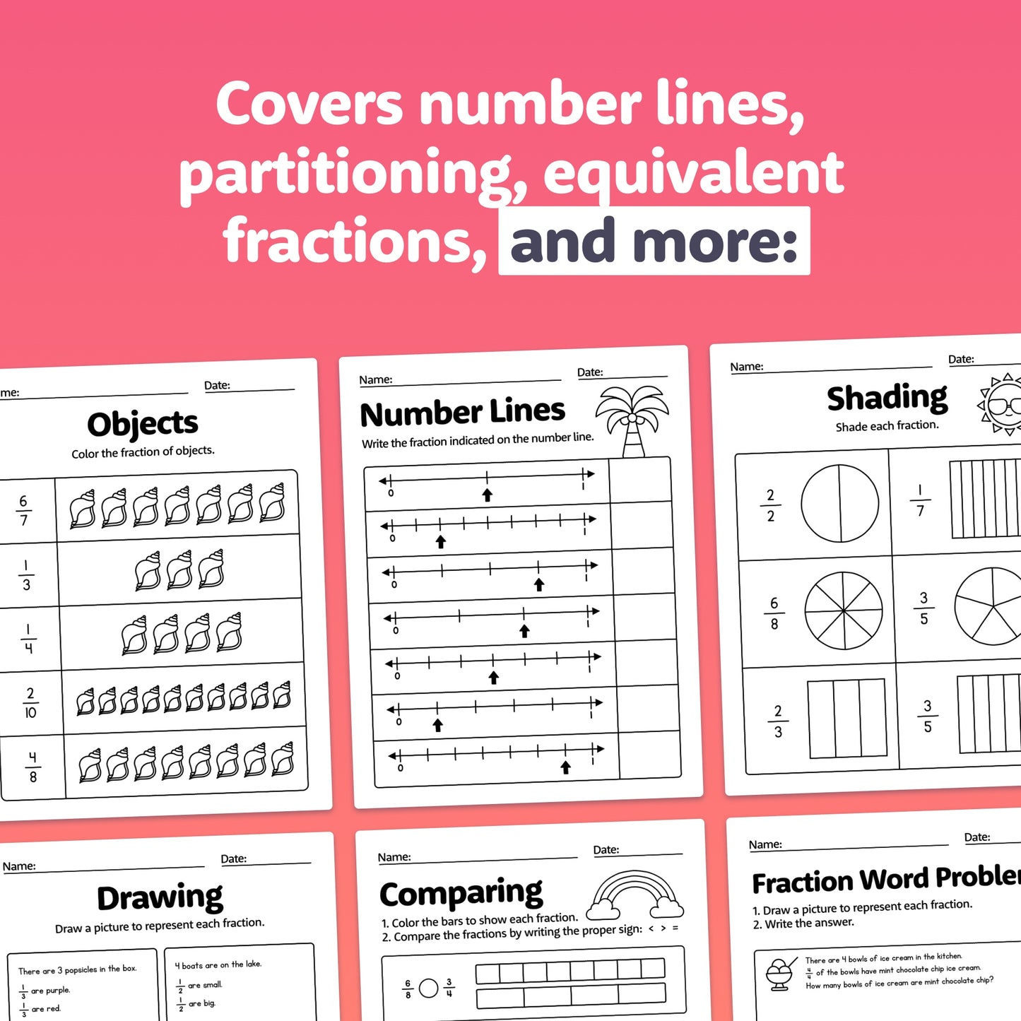 Fraction review worksheets on number lines, partitioning, and equivalent fractions.