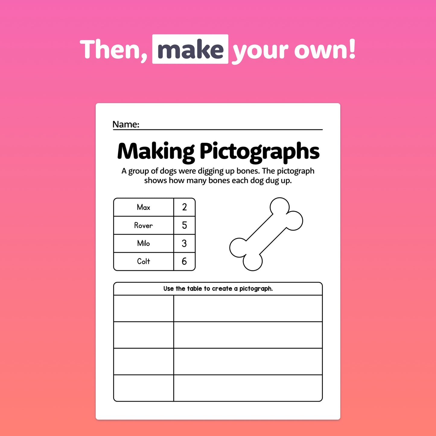 Worksheet titled "Pictograph Worksheets" with tasks on creating pictographs.