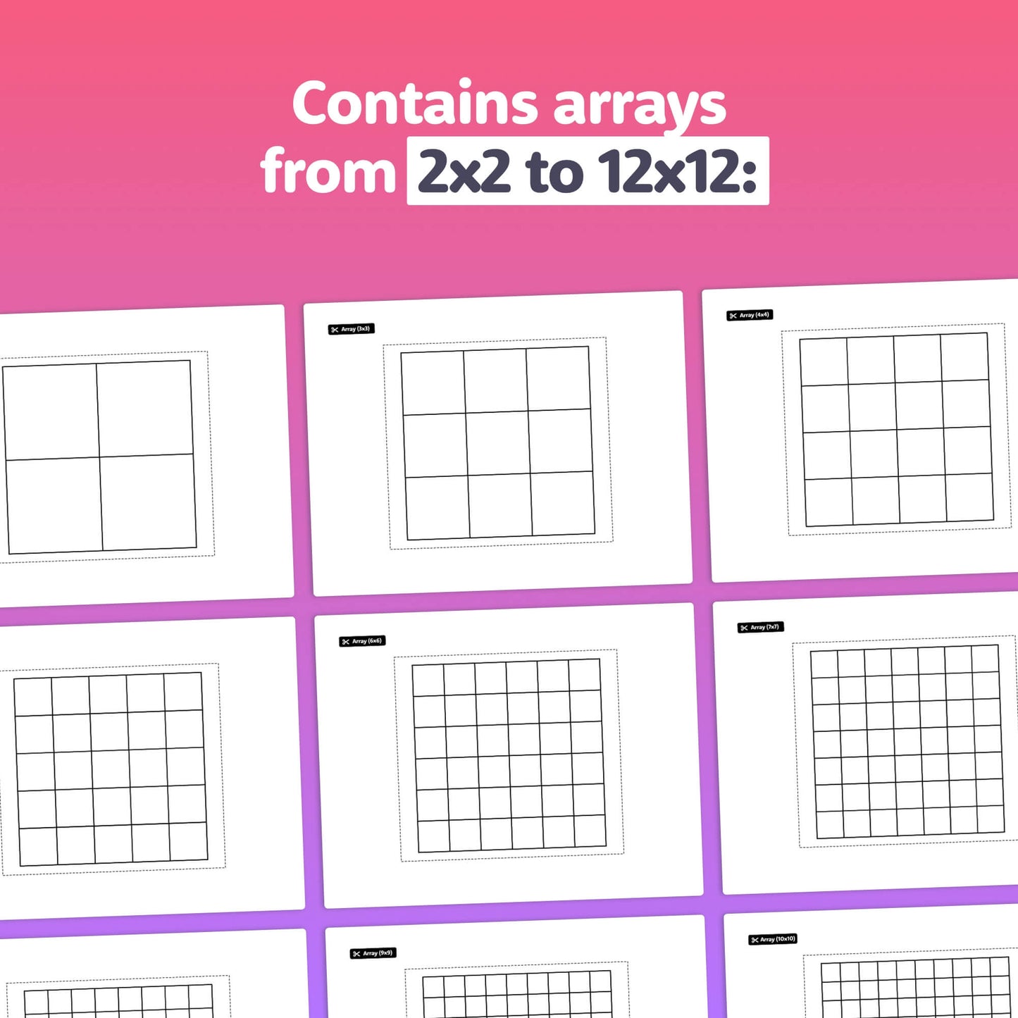 The Fish Arrays Craft features grids of varying sizes from 2x2 to 12x12 set against a pink and purple gradient background, making it ideal for repeated addition exercises. Download this printable PDF for your math craft activities.