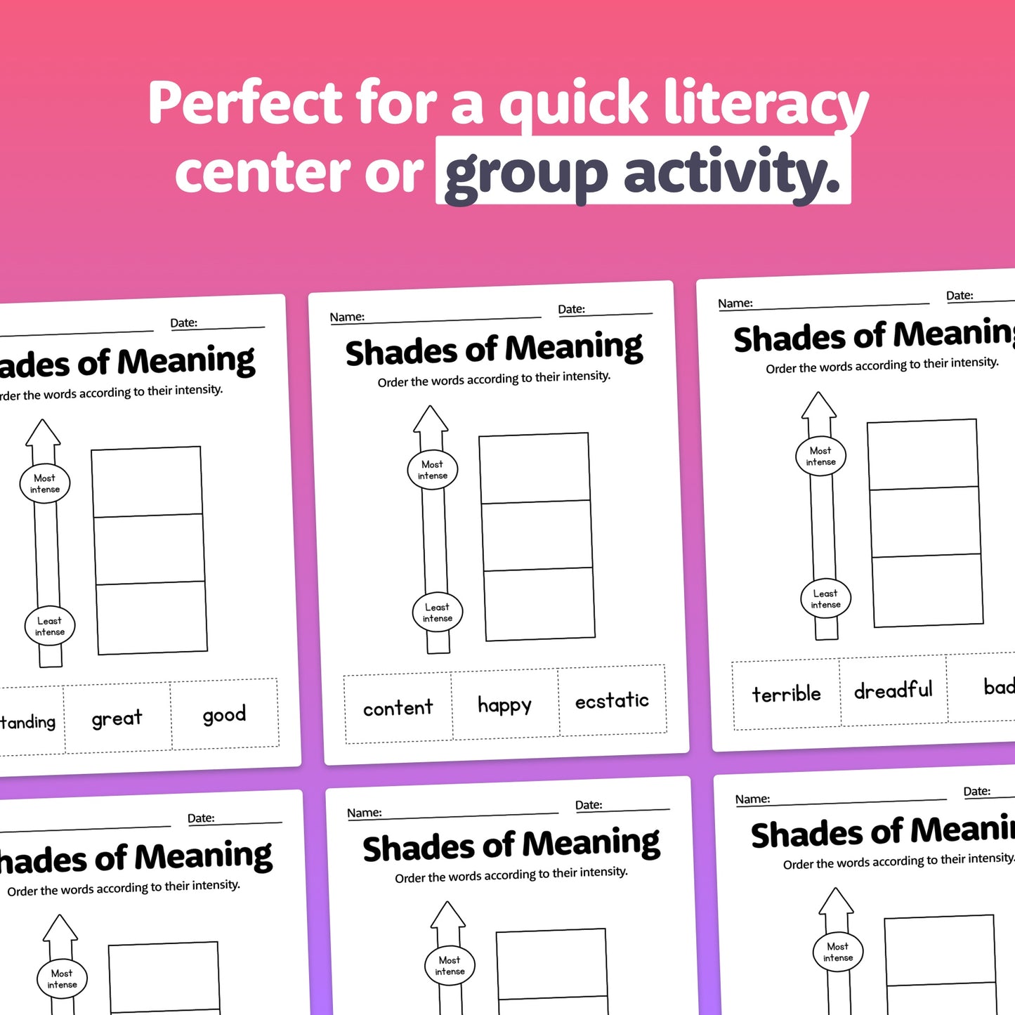 Worksheets titled "Shades of Meaning Activity" for a literacy activity.