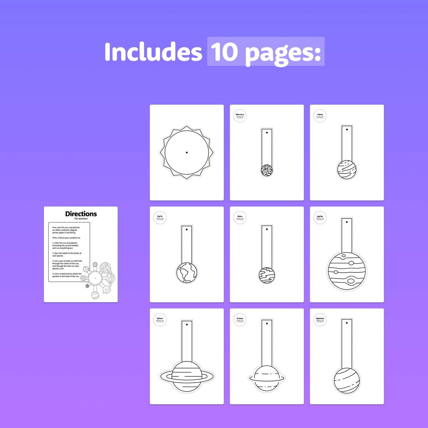 Illustrated planet bookmarks with directions.