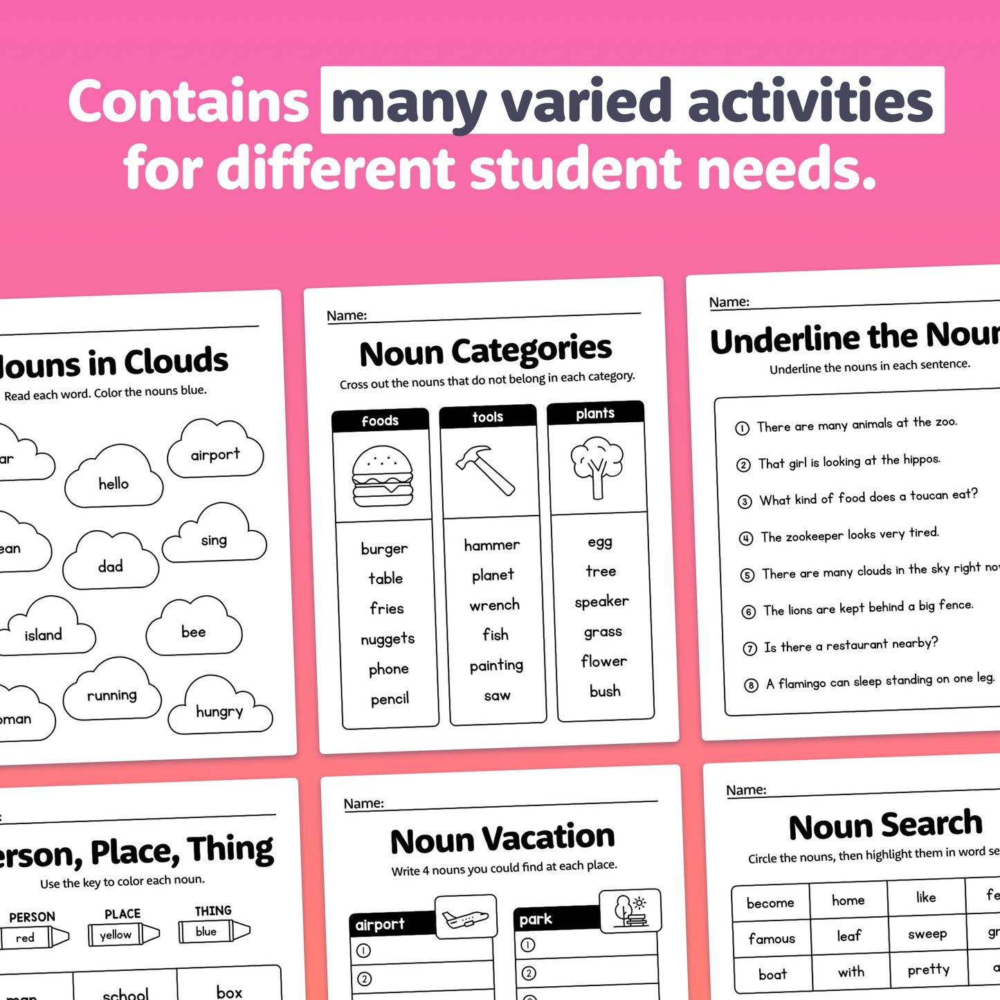 Printable common noun centers
