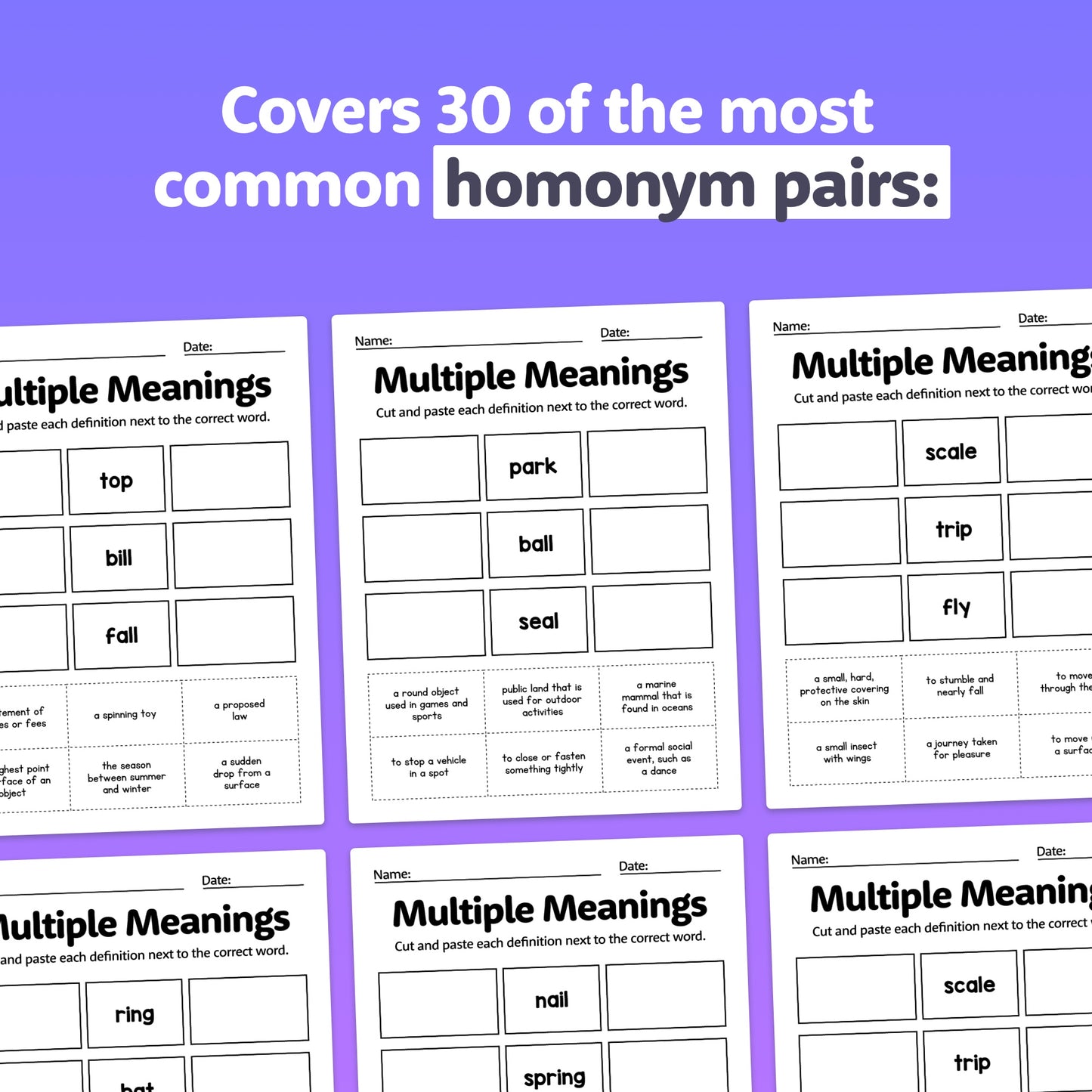 Multiple Meanings Worksheets with homonym pairs, words, and cut-and-paste definitions.