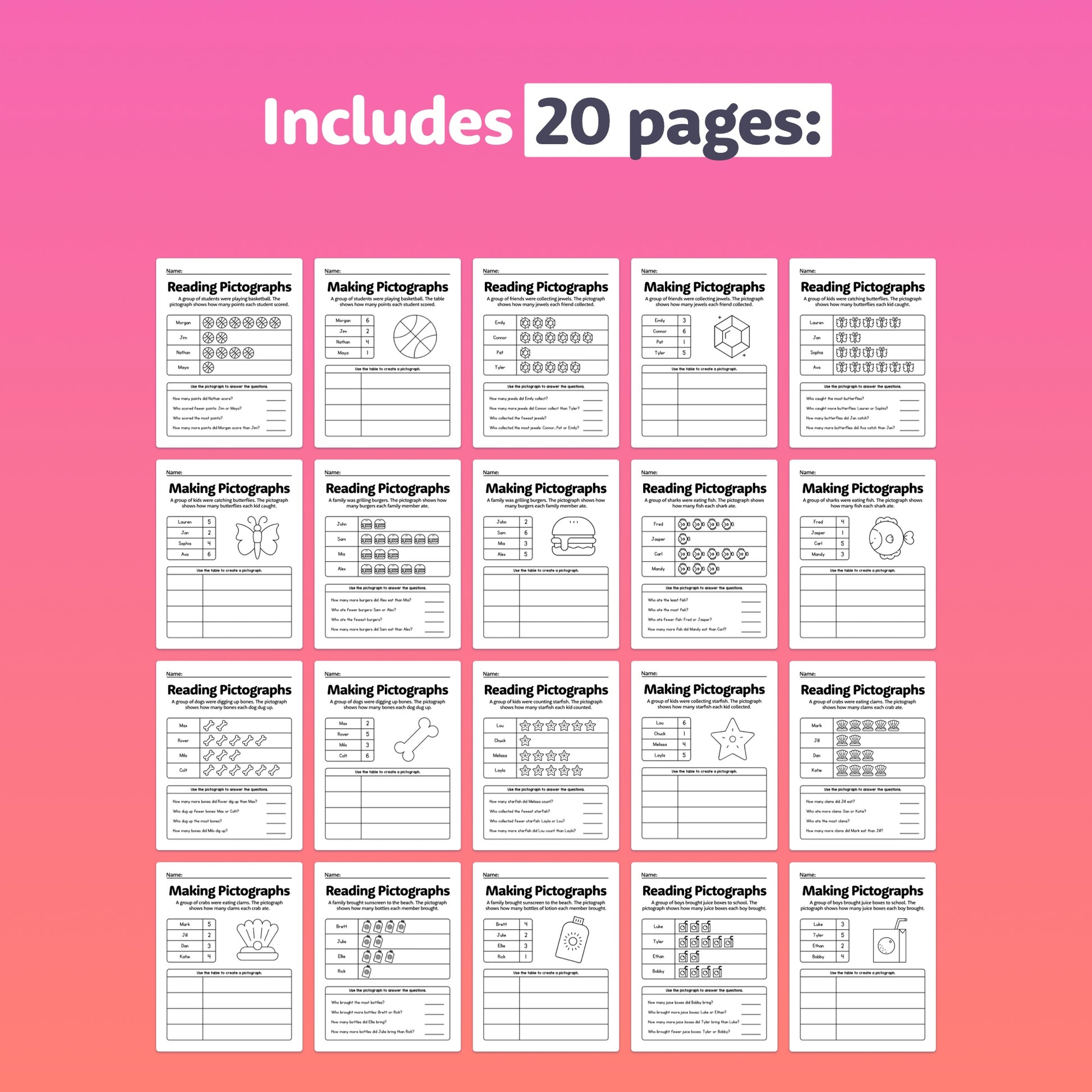 20 pages of worksheets focused on making and reading pictographs.