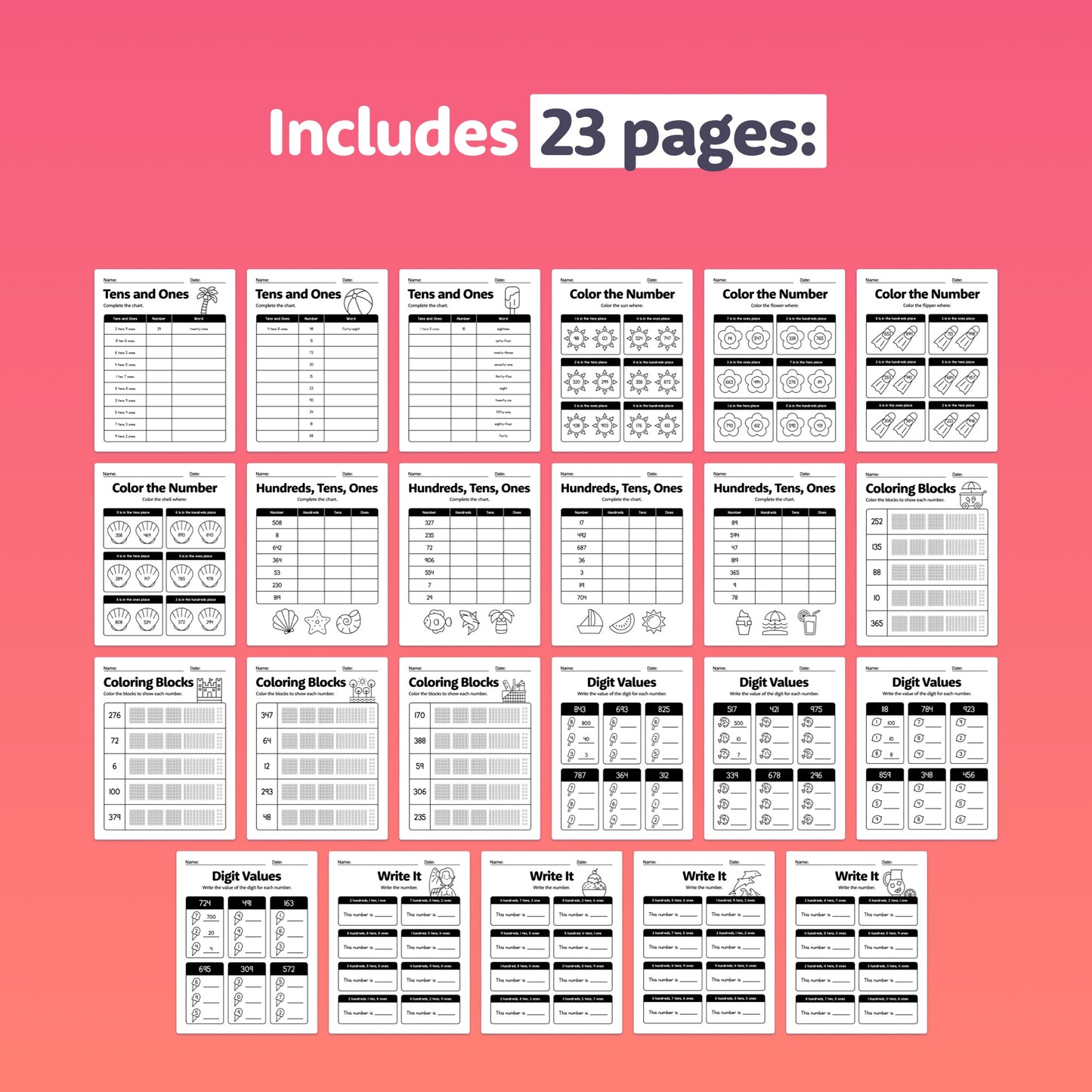 23 pages of Summer Place Value Worksheets with activities for counting, coloring, digit values.