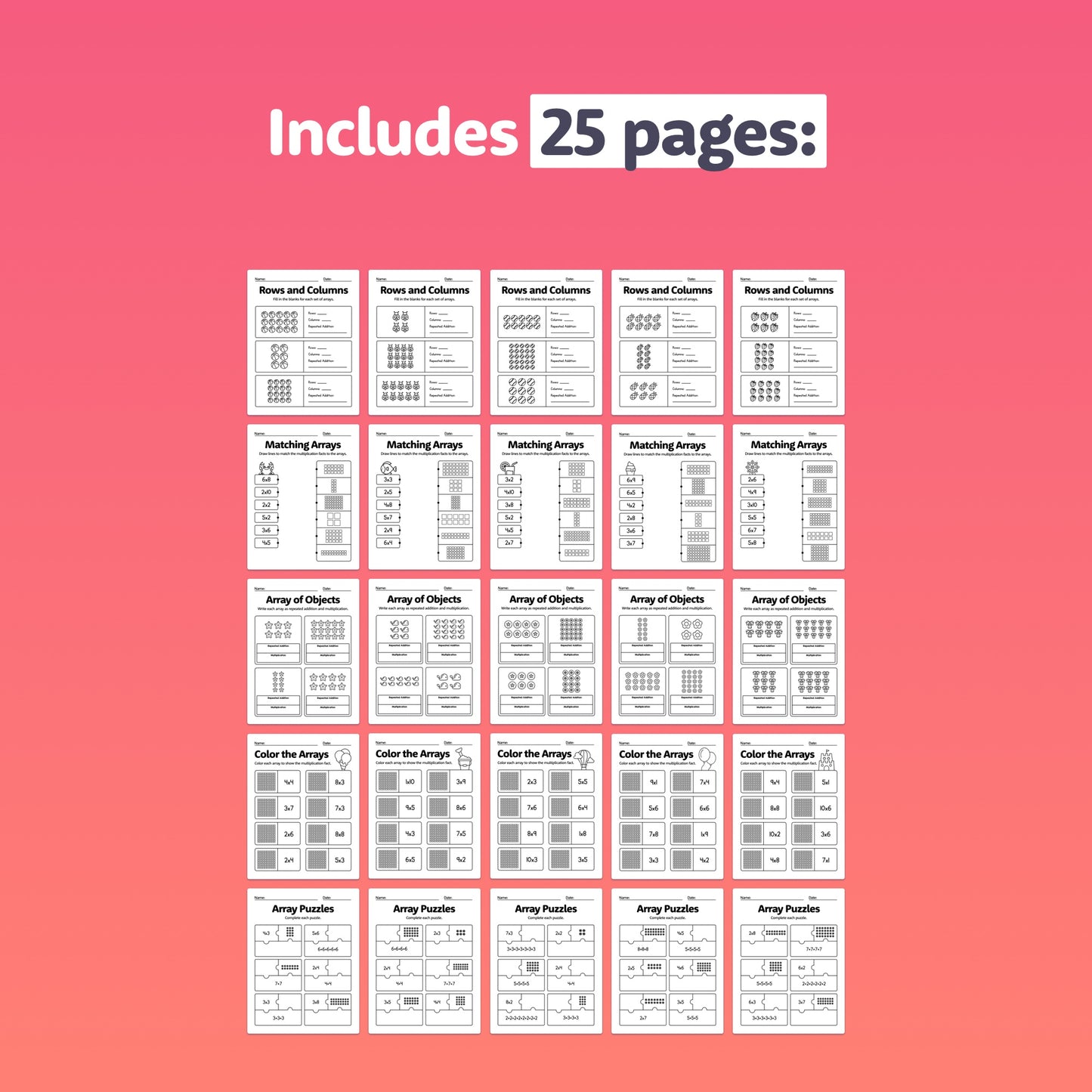 Thumbnail preview of 25 worksheets with educational Summer Arrays matching exercises.