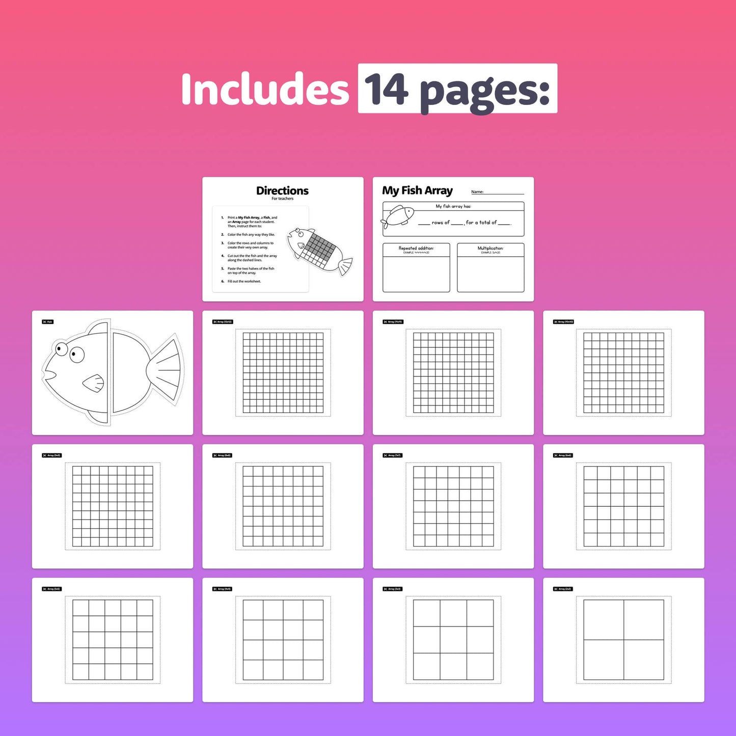 The Fish Arrays Craft is a 14-page worksheet set with grids and fish-themed directions, designed to combine repeated addition exercises. This printable PDF is perfect for integrating math craft into your lessons.
