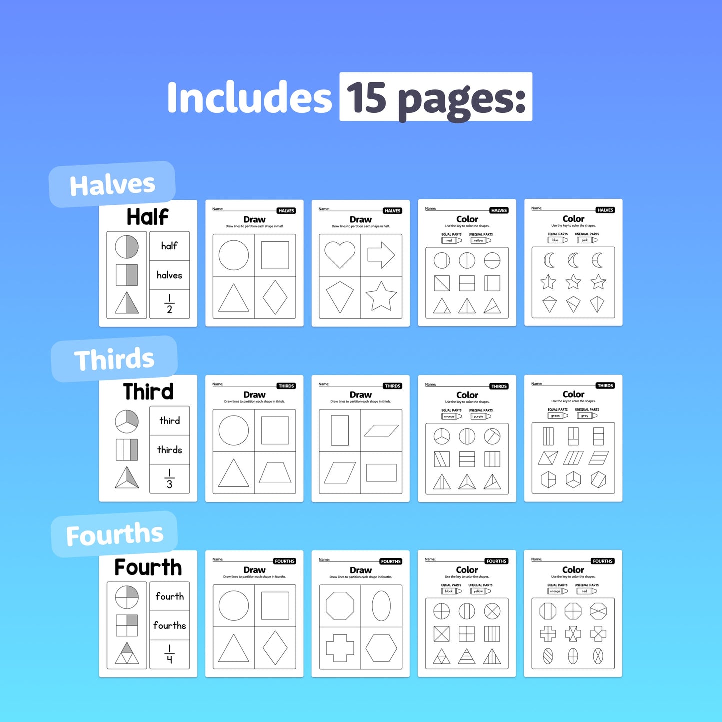Pages of worksheets for partitioning shapes activities.