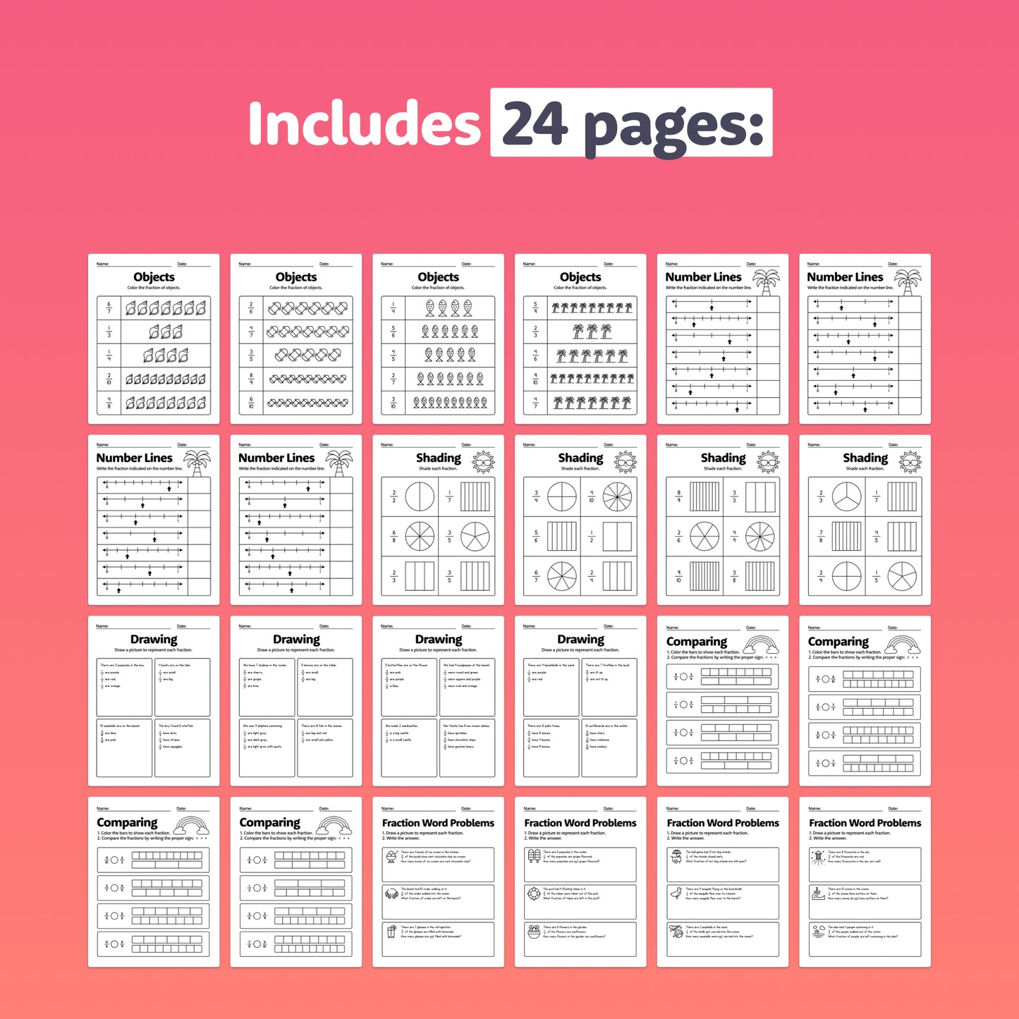 Grid displaying 24 pages of summer fraction review worksheets.