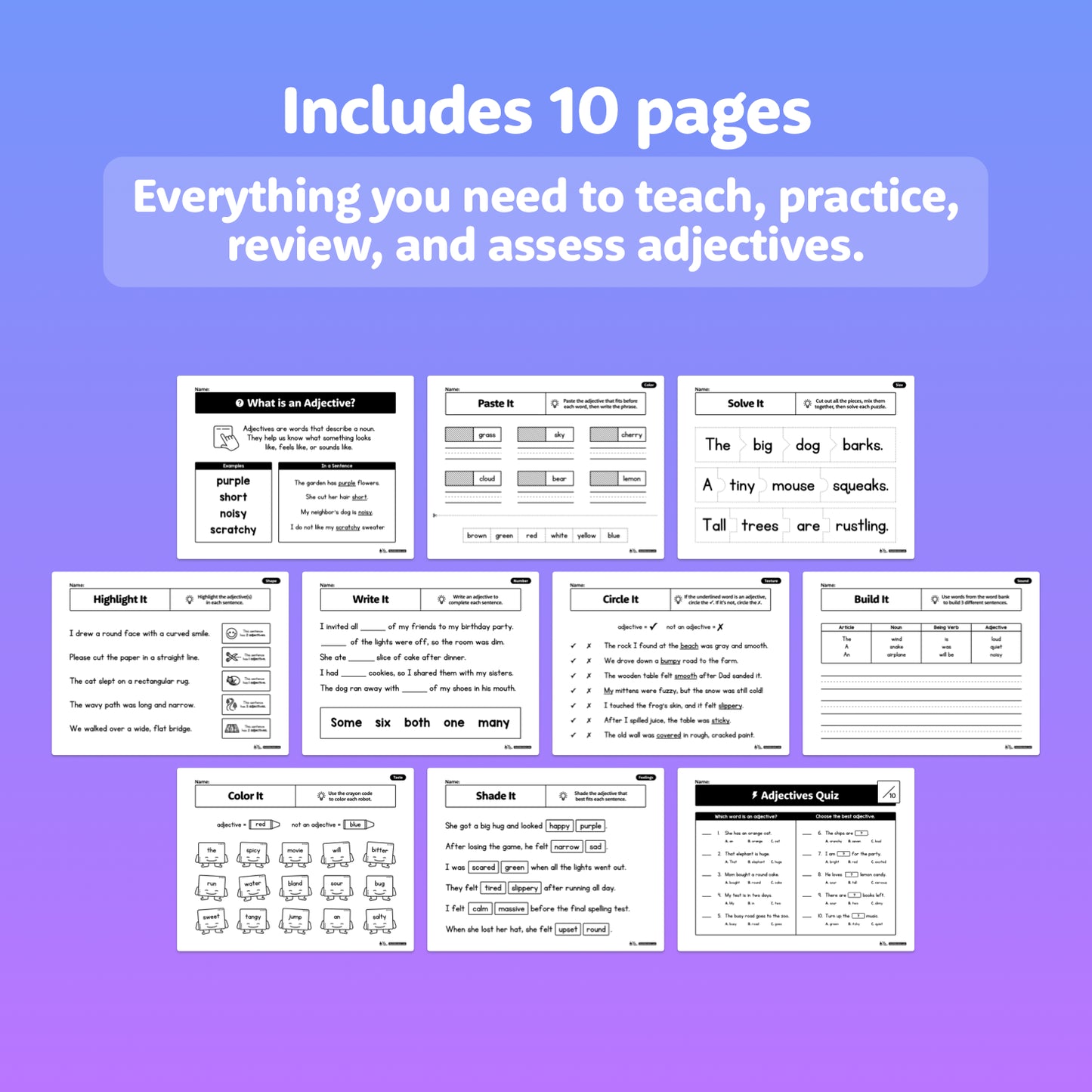 Preview shows 10 worksheet pages with different adjective activities.