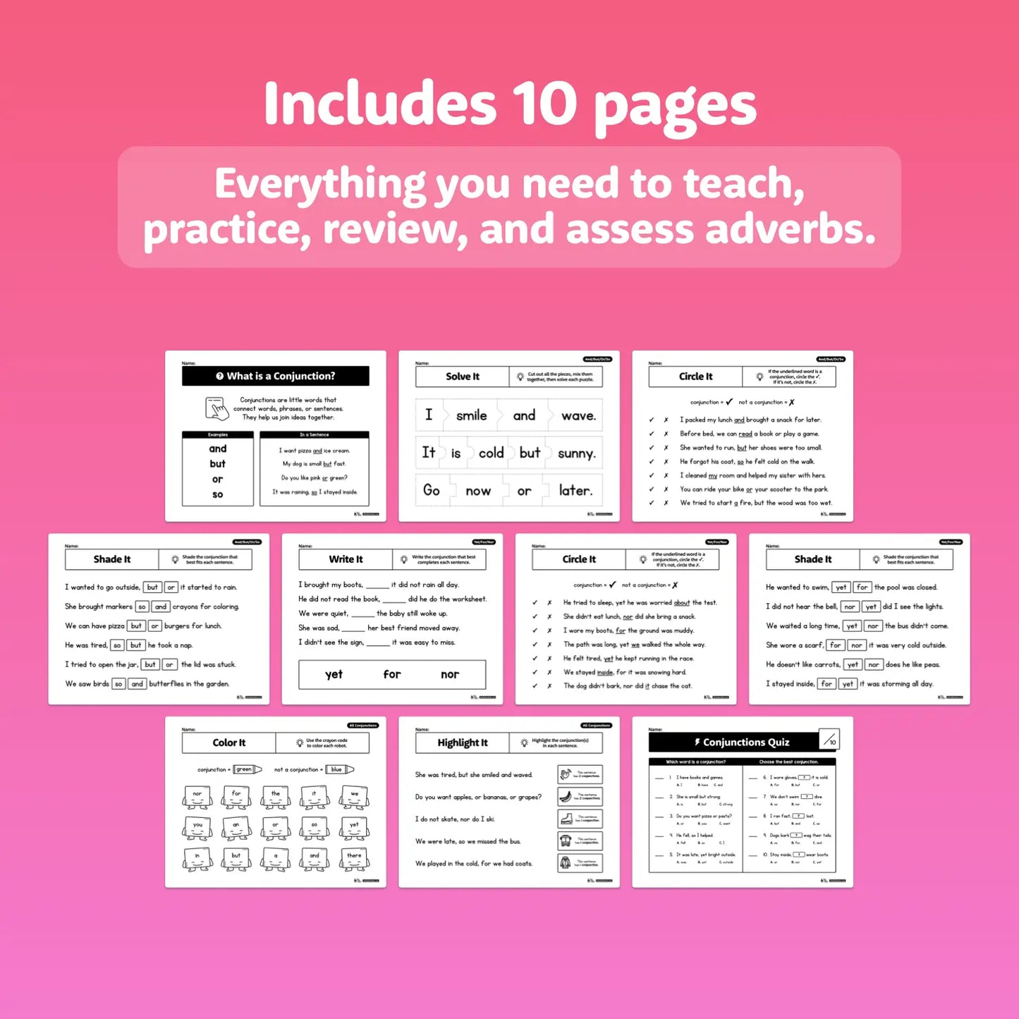 Ten printable conjunctions worksheets for teaching, practice, and assessment.
