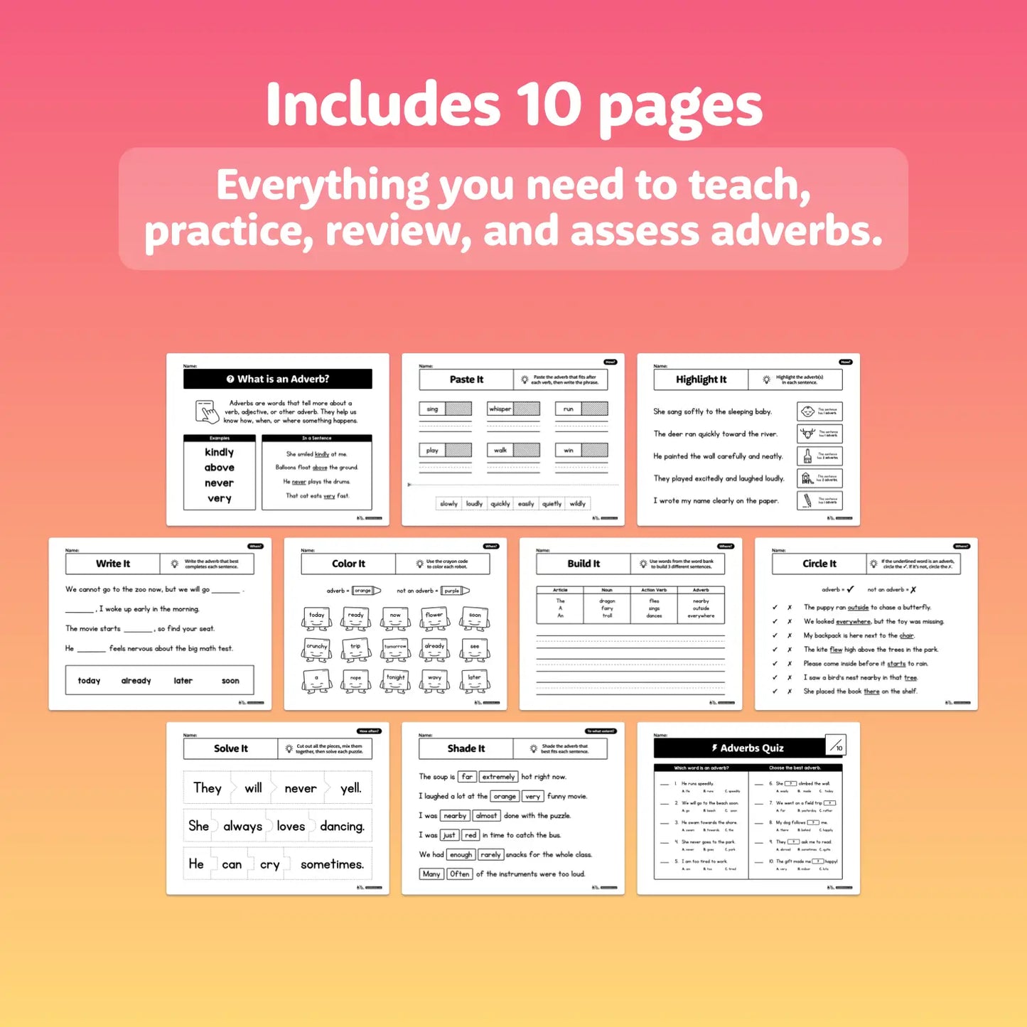 Preview of 10 worksheets focused on identifying and using adverbs.