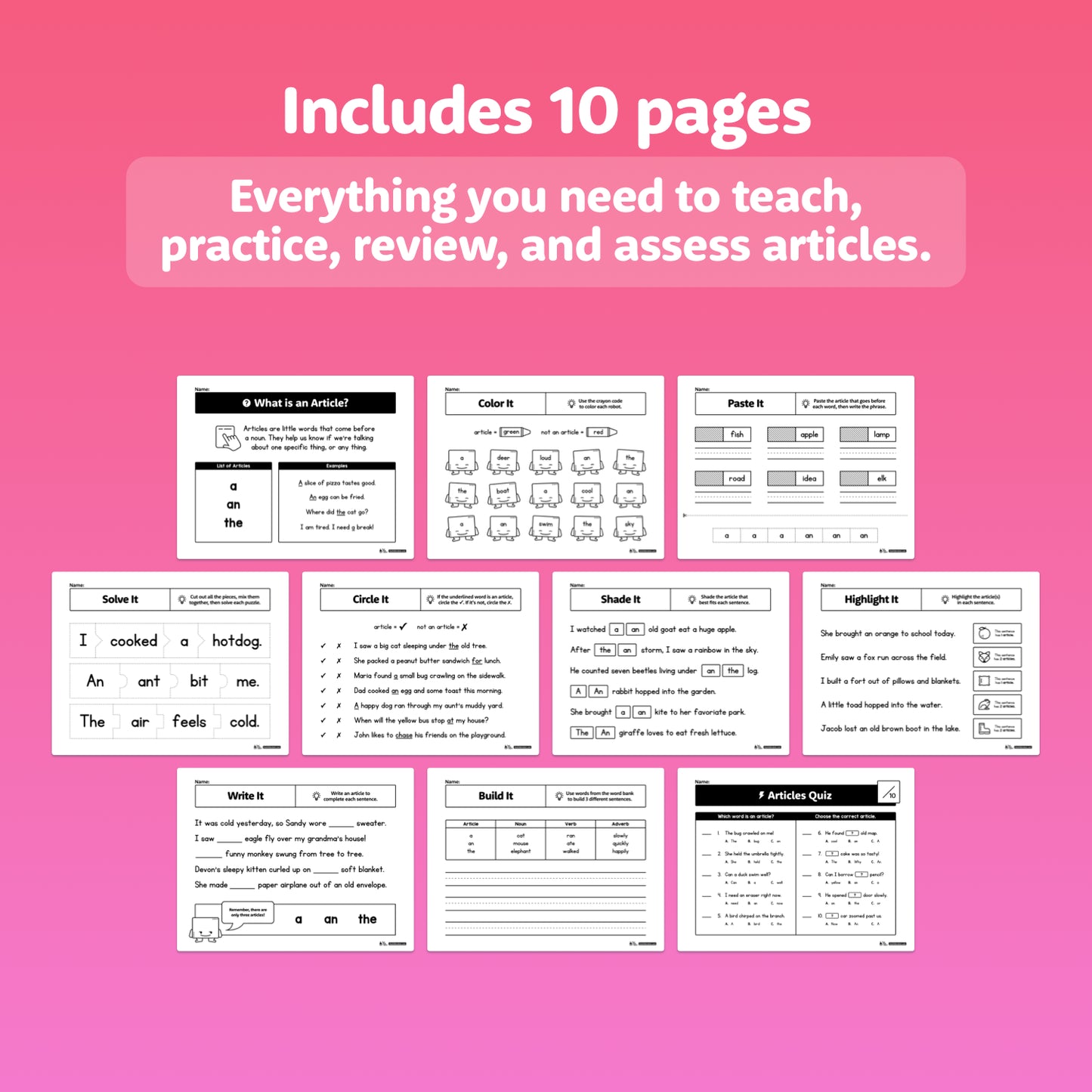 Educational worksheets on a pink background with text about including 10 pages for teaching articles.