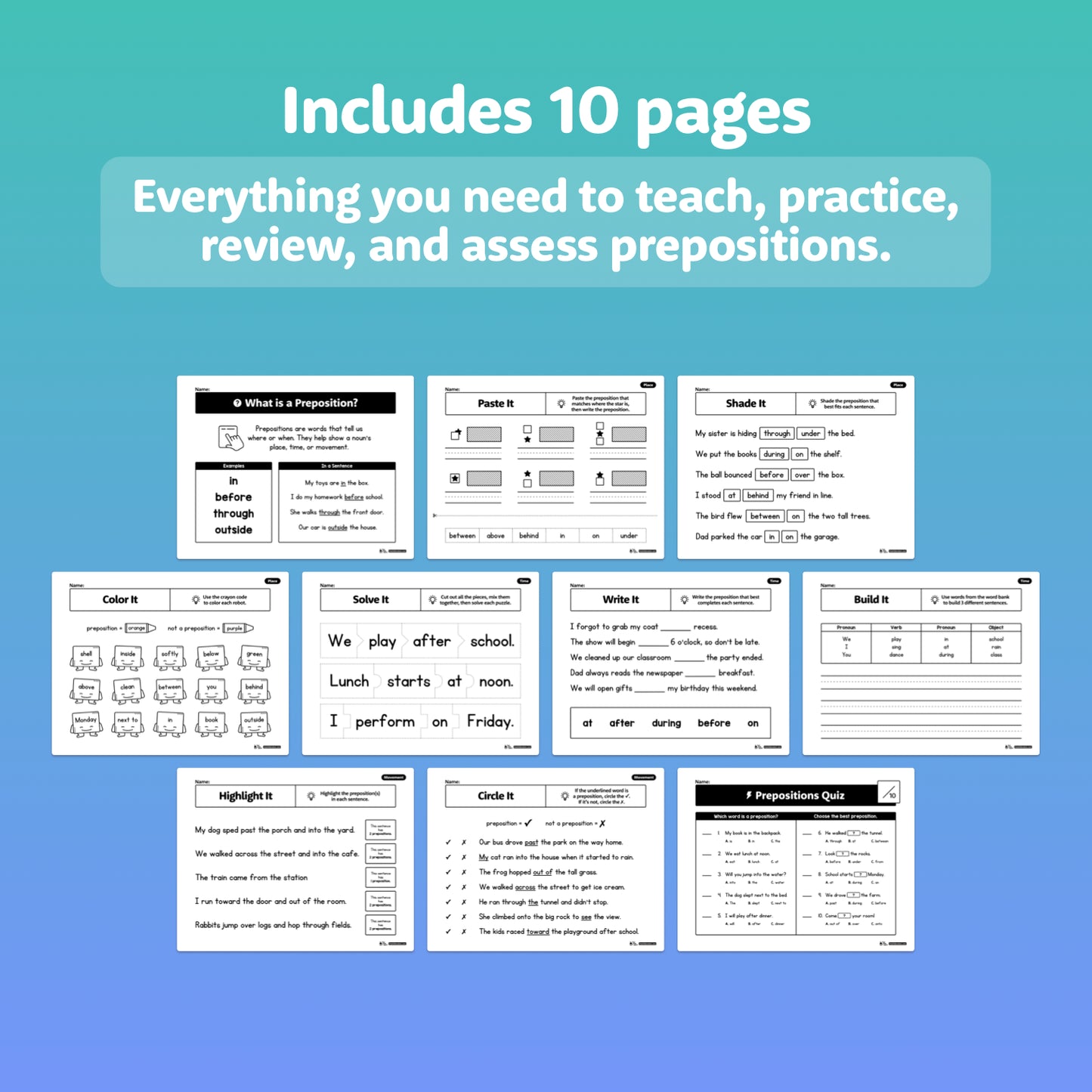 Ten worksheet pages displaying exercises about prepositions are shown.
