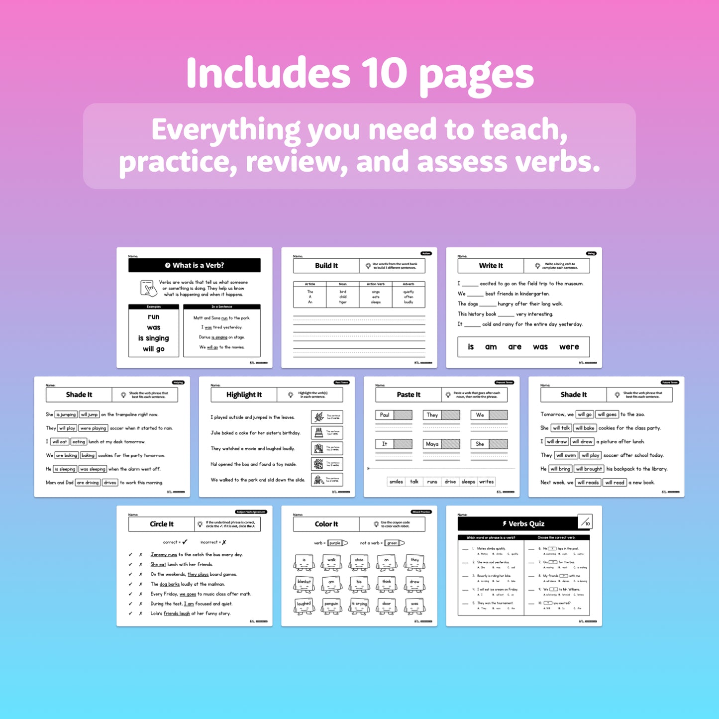 Educational worksheets on a gradient background with text about verb teaching resources.