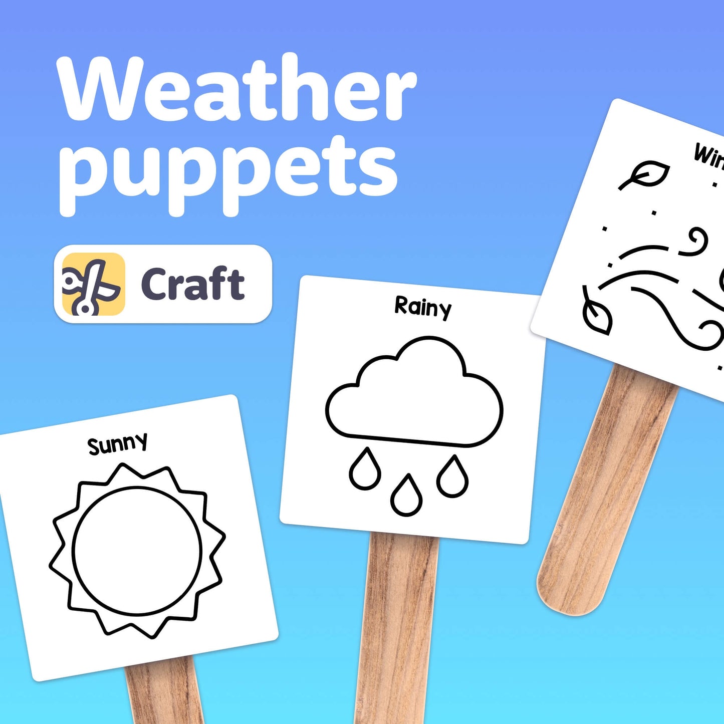Weather puppets on sticks with sunny, rainy, and windy symbols.