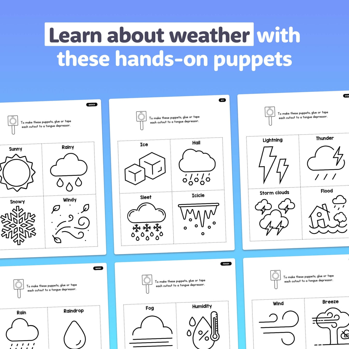 Activity sheets with weather symbols for Weather Puppets Craft.