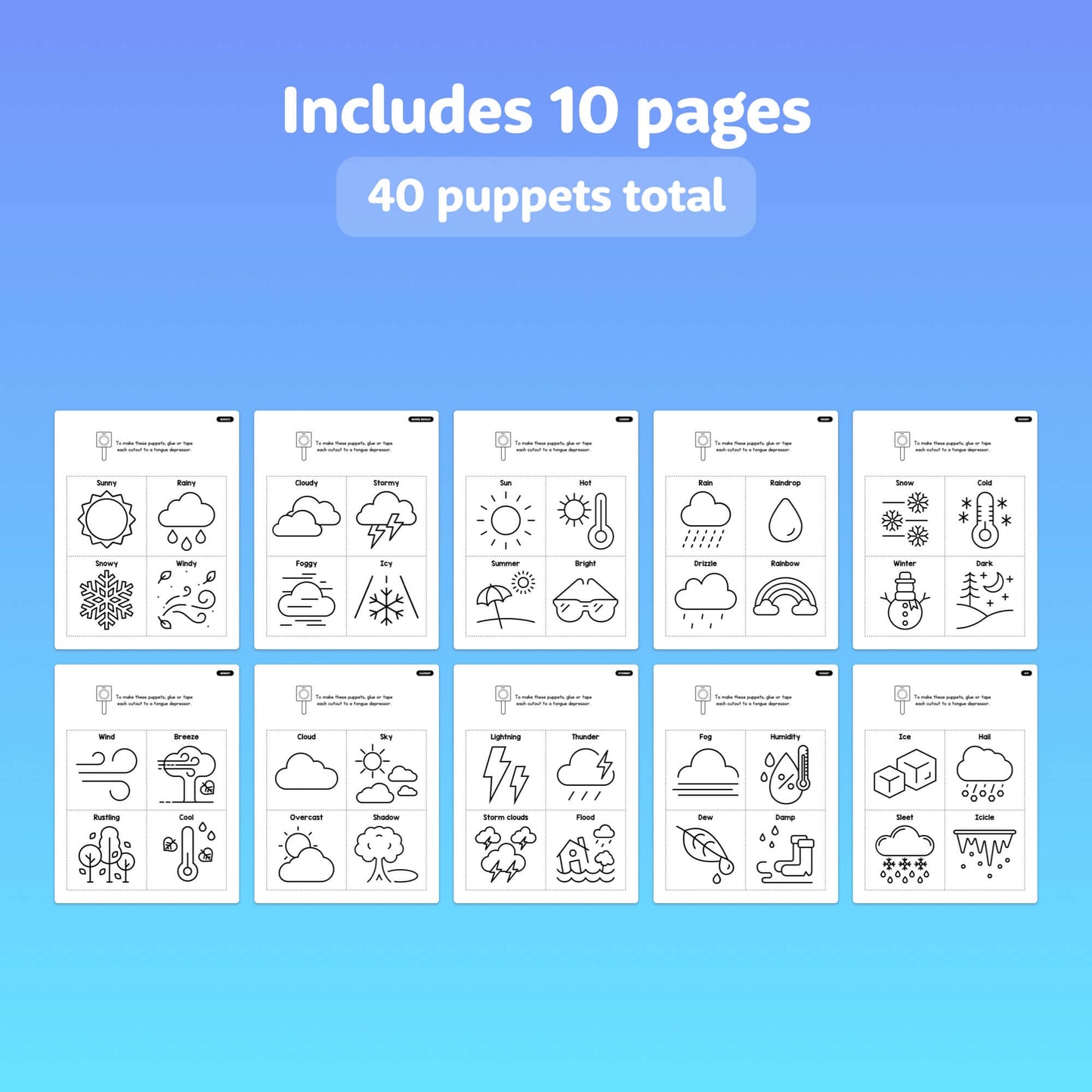 Ten black and white weather-themed craft puppet templates.