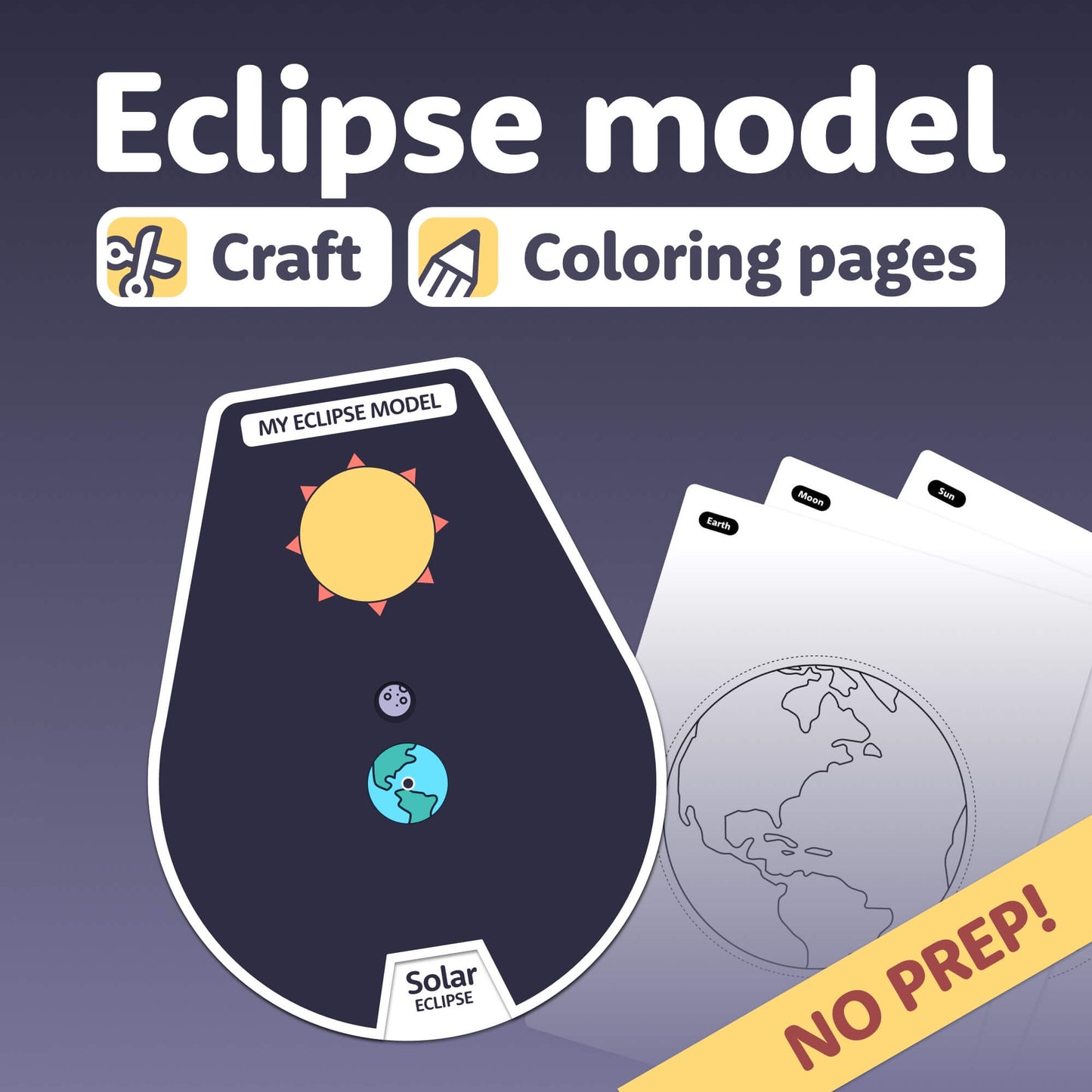 Eclipse spinner crafts and coloring pages with 'NO PREP!' banner at the bottom.
