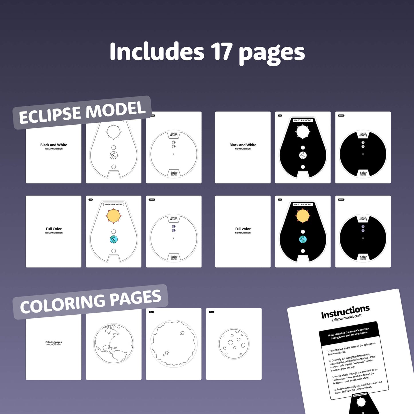 Diagram of eclipse models, coloring pages, and instructions. Includes 17 pages.