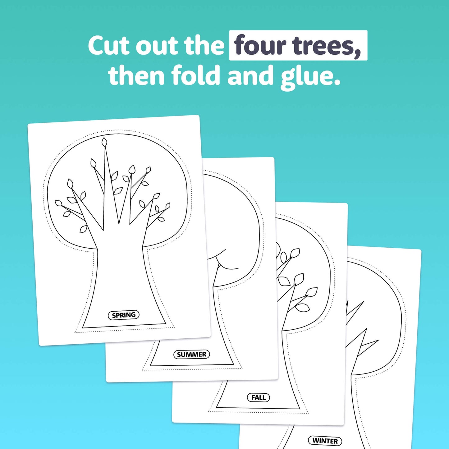 Four tree templates labeled Spring, Summer, Fall, and Winter on a blue background.