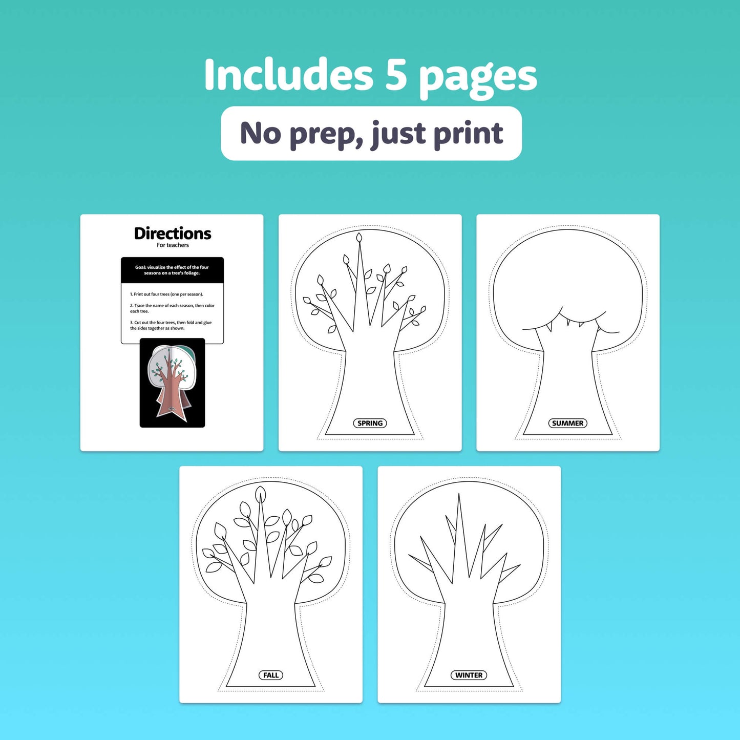 Printable templates of trees for spring, summer, fall, and winter.