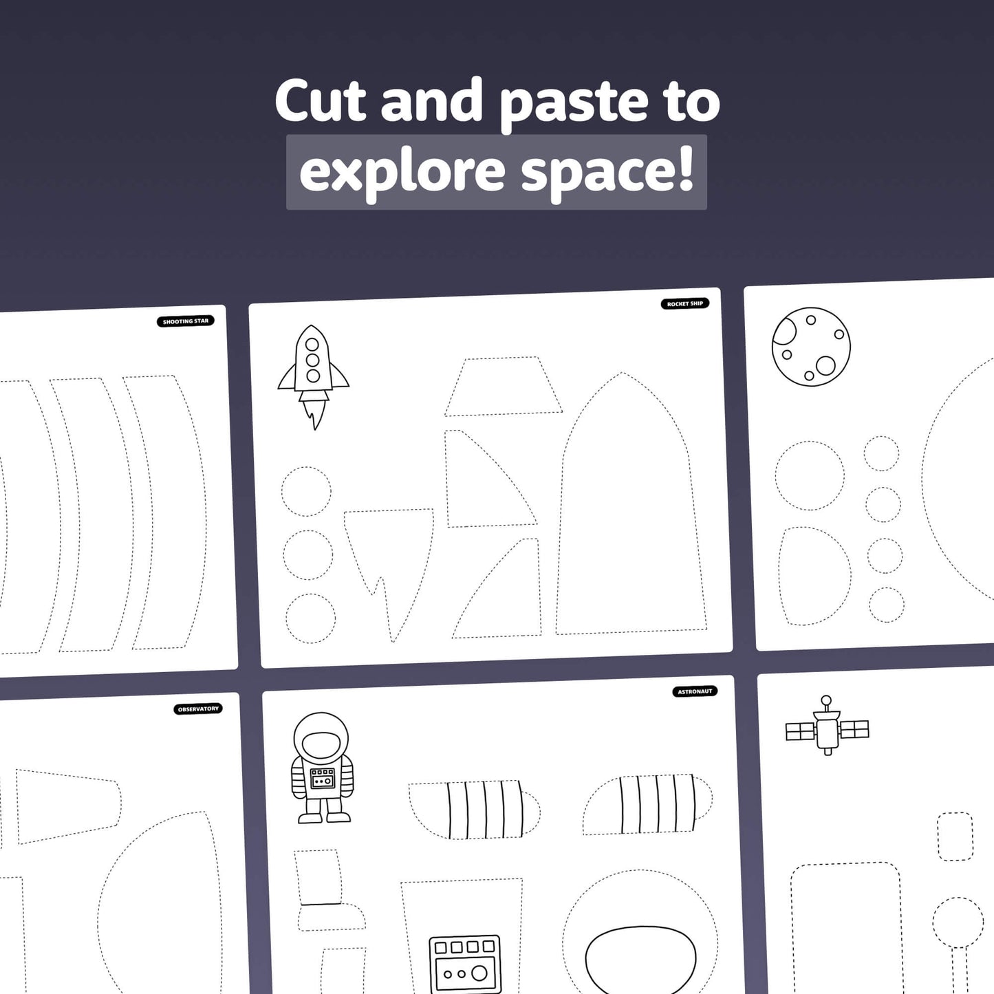 Cut and paste space-themed shapes onto a background.