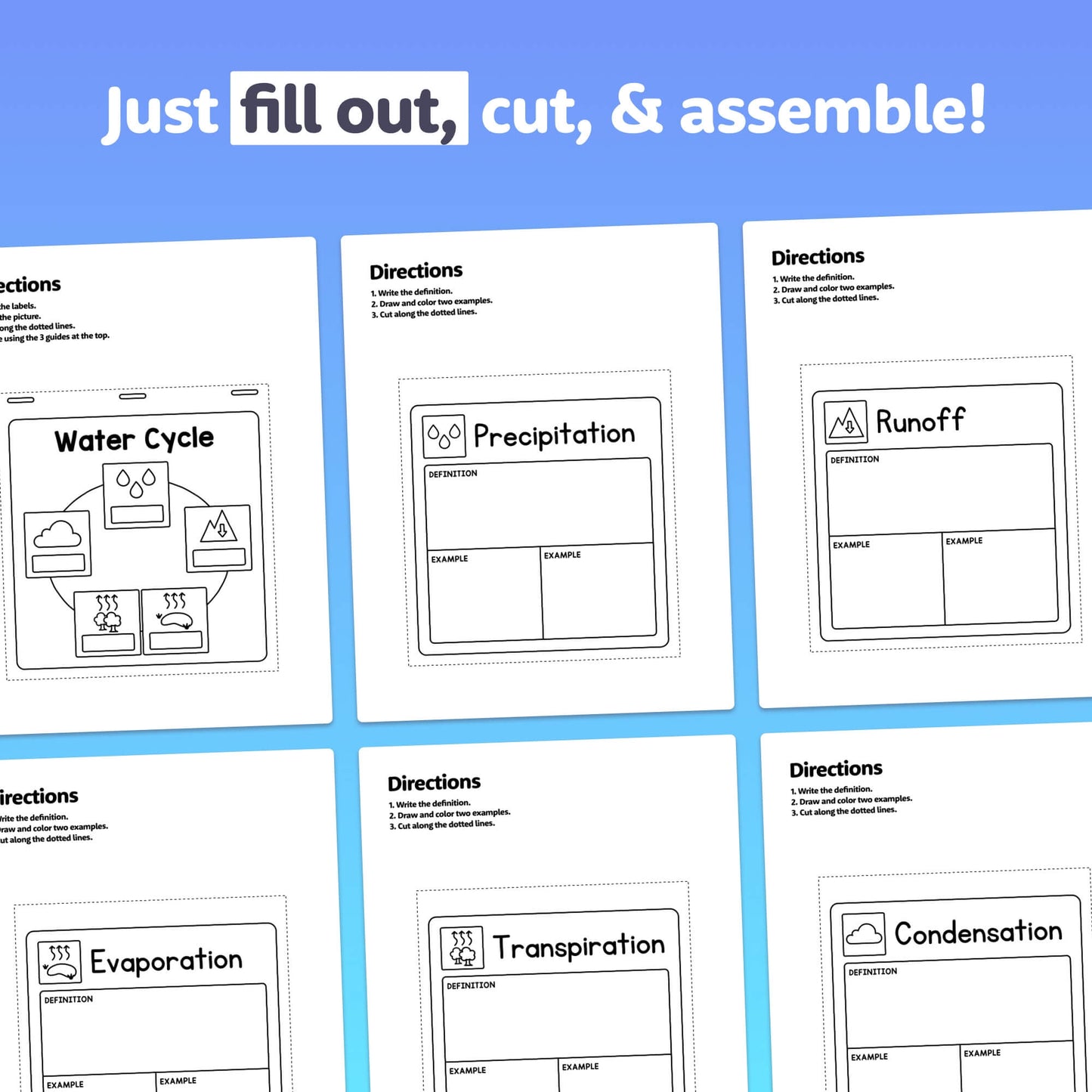 Six worksheets with fill-out sections for definitions and examples.