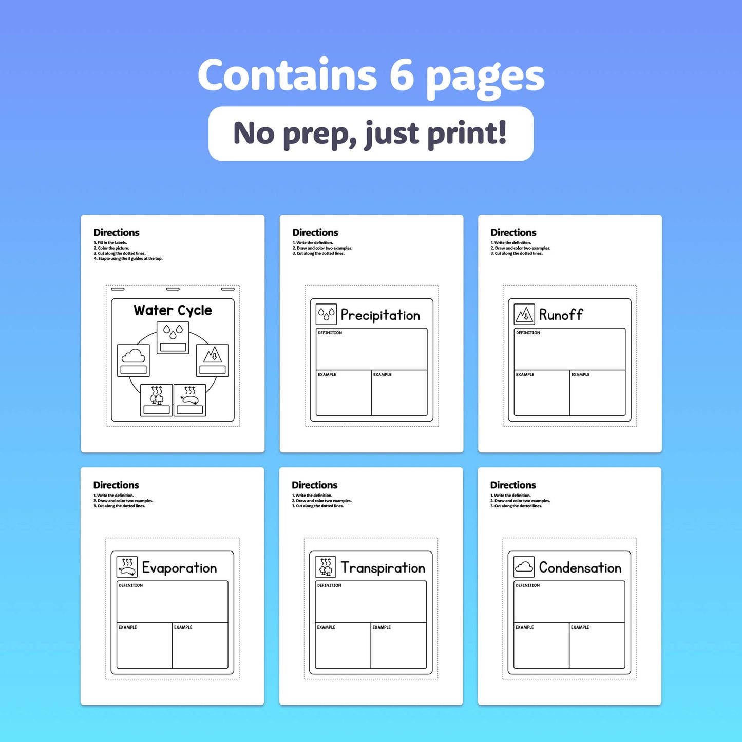 Printable 6-page flip book on the water cycle with evaporation and precipitation