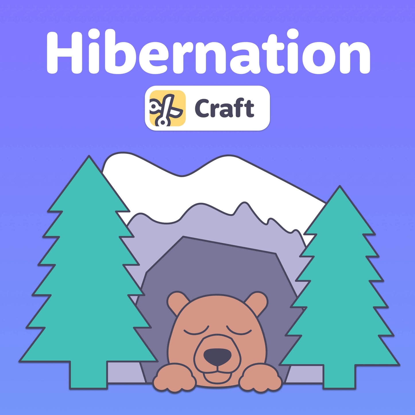 Illustration of a sleeping bear in a cave with trees.