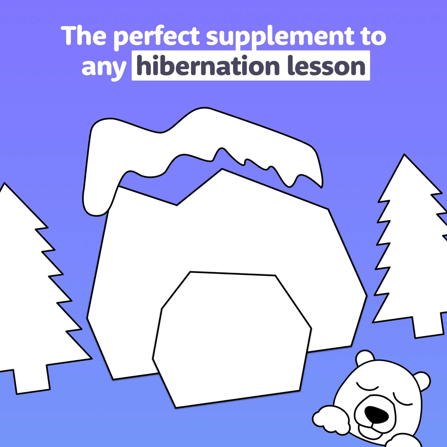 A bear sleeps beside a cave with trees in the background. Text reads "Winter Hibernation Craft.